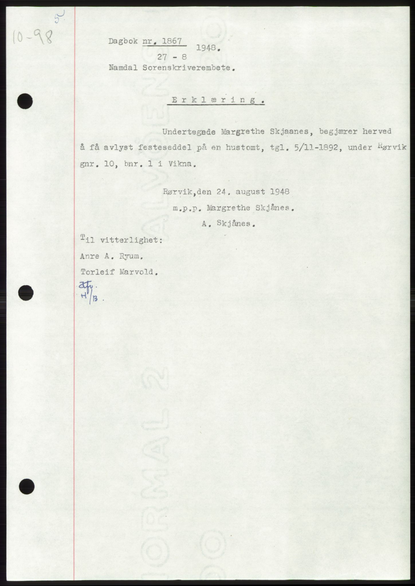 Namdal sorenskriveri, SAT/A-4133/1/2/2C: Pantebok nr. -, 1948-1948, Dagboknr: 1867/1948