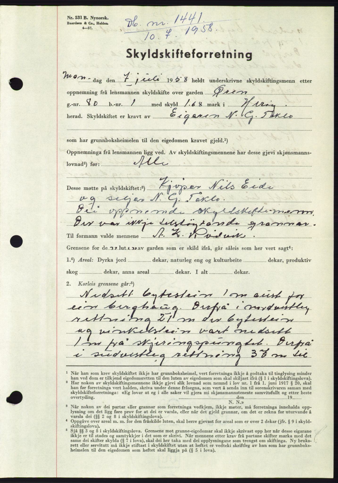Søre Sunnmøre sorenskriveri, AV/SAT-A-4122/1/2/2C/L0110: Pantebok nr. 36A, 1958-1958, Dagboknr: 1441/1958