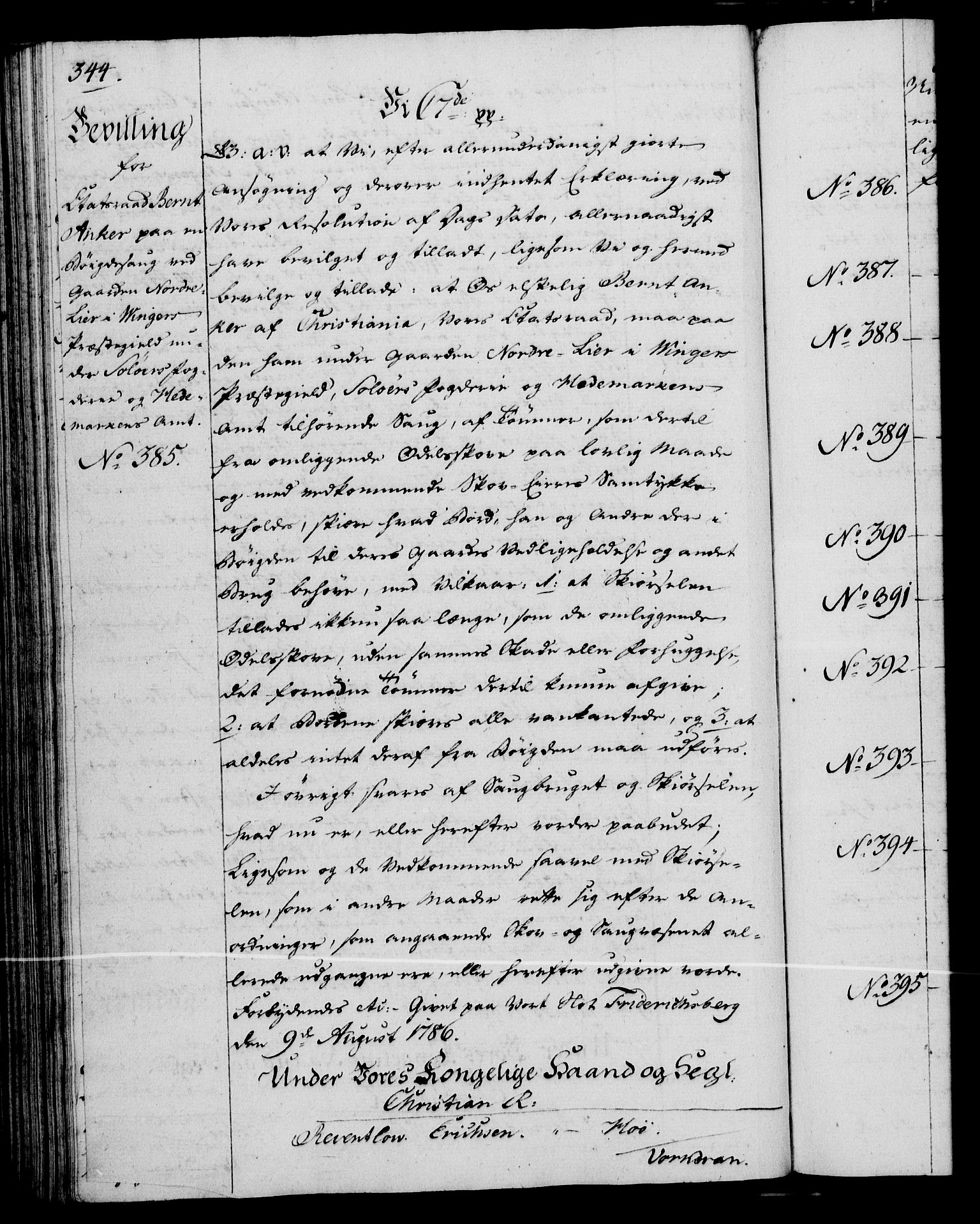 Rentekammeret, Kammerkanselliet, AV/RA-EA-3111/G/Gg/Gga/L0013: Norsk ekspedisjonsprotokoll med register (merket RK 53.13), 1784-1787, s. 344