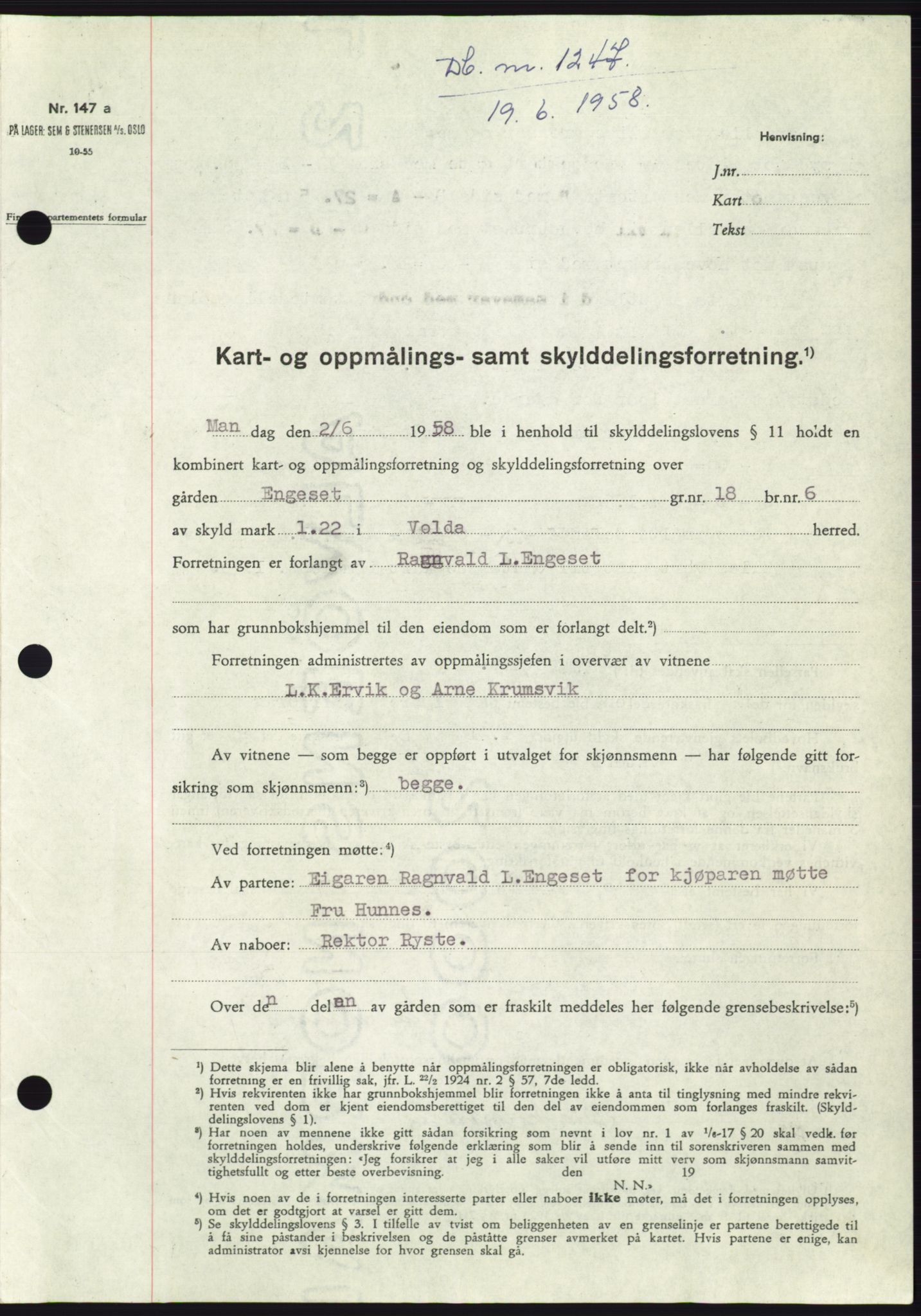 Søre Sunnmøre sorenskriveri, SAT/A-4122/1/2/2C/L0109: Pantebok nr. 35A, 1958-1958, Dagboknr: 1247/1958
