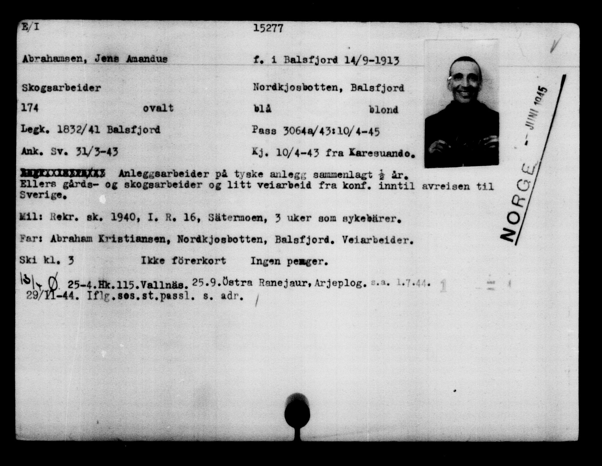 Utenriksstasjonene, Legasjonen i Stockholm, Flyktningkontoret, AV/RA-S-6753/V/Va/L0007: Kjesäterkartoteket, flyktninger med registreringsnr. 12700-15723, 1940-1945, s. 2960