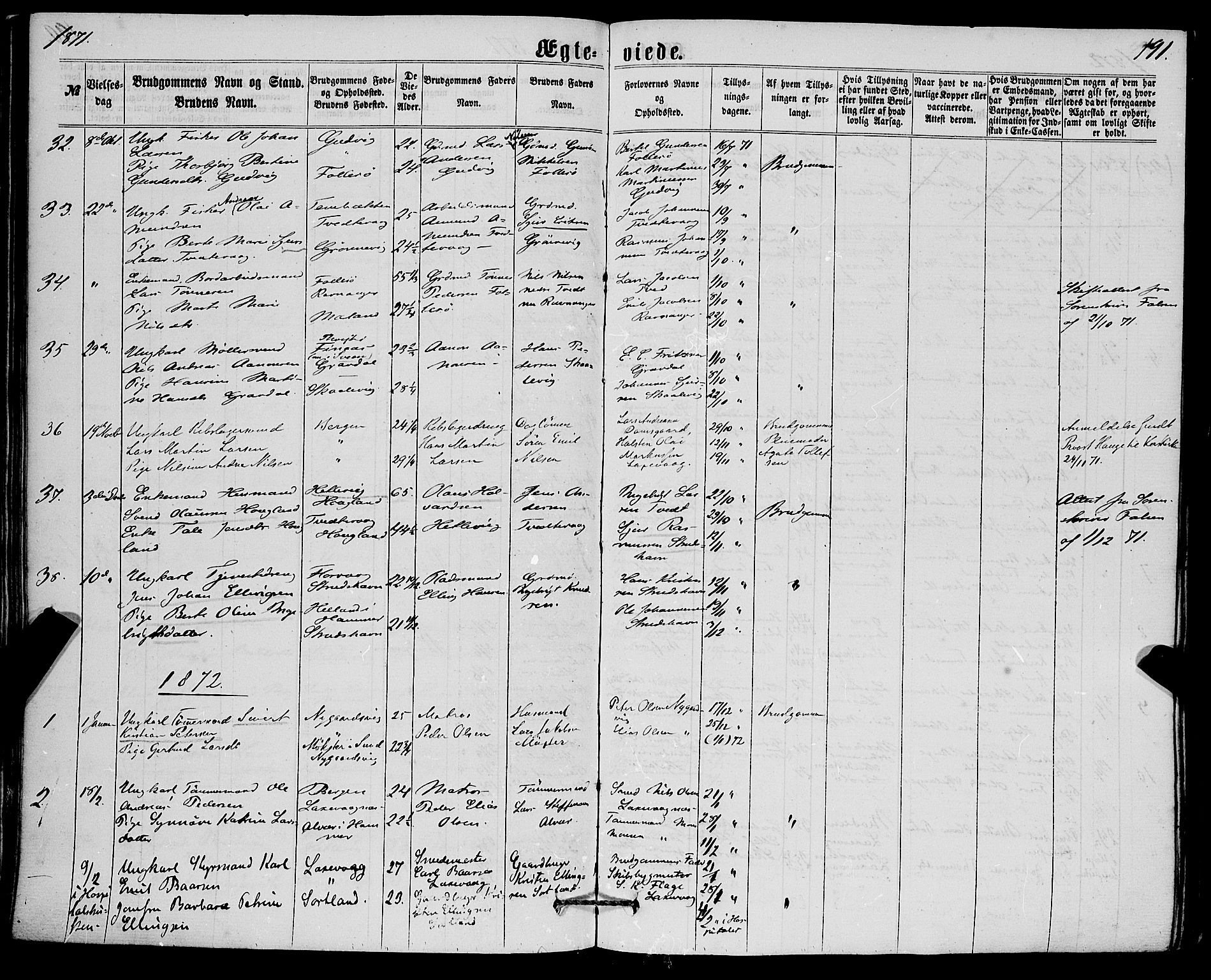 Askøy Sokneprestembete, AV/SAB-A-74101/H/Ha/Haa/Haaa/L0009: Ministerialbok nr. A 9, 1863-1877, s. 191