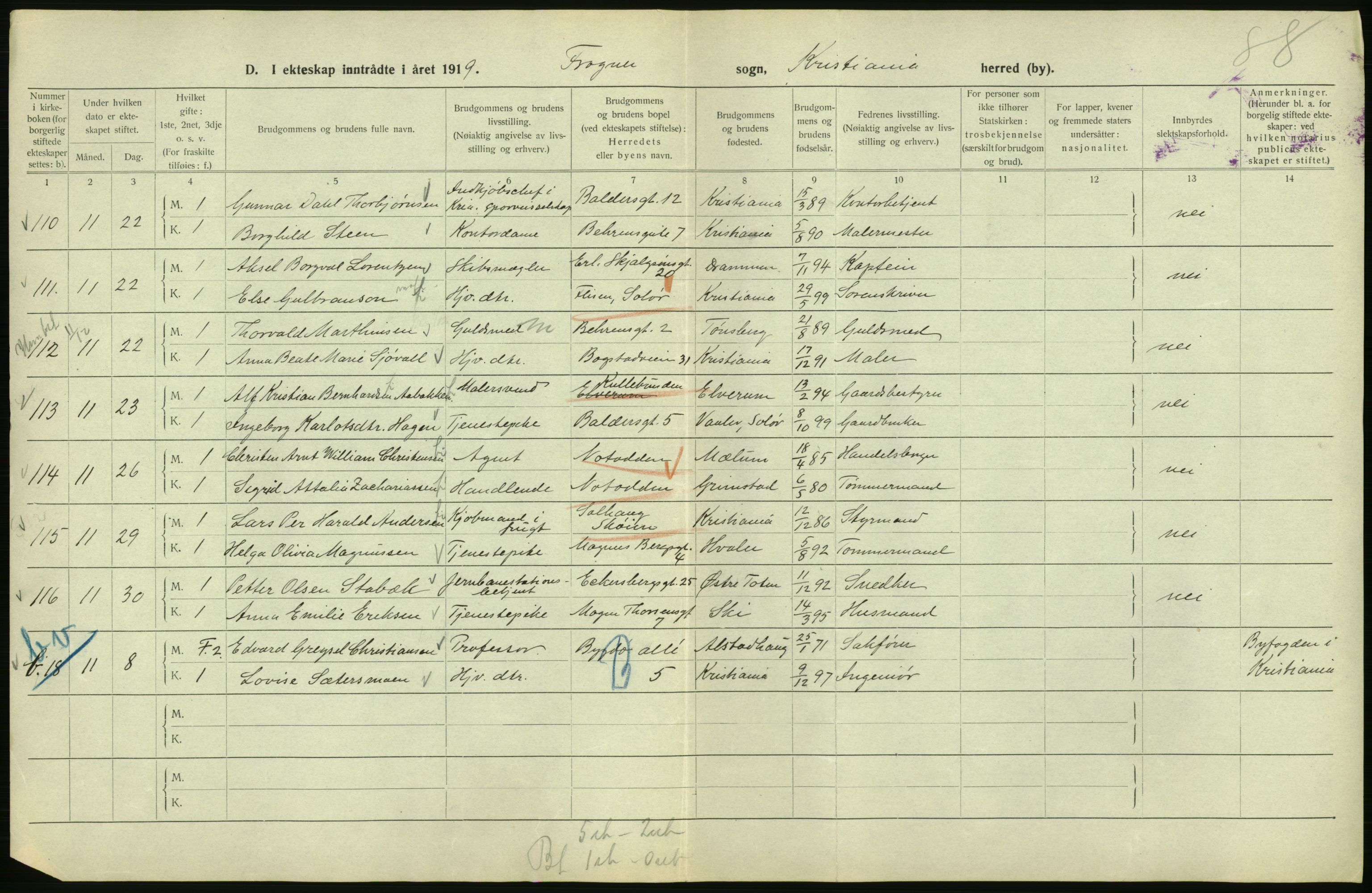 Statistisk sentralbyrå, Sosiodemografiske emner, Befolkning, RA/S-2228/D/Df/Dfb/Dfbi/L0009: Kristiania: Gifte, 1919, s. 200