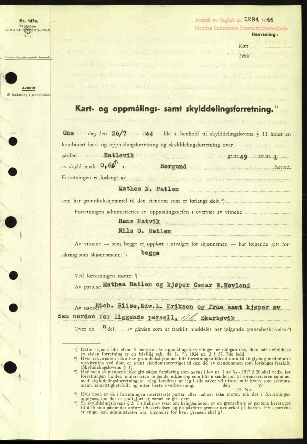 Nordre Sunnmøre sorenskriveri, SAT/A-0006/1/2/2C/2Ca: Pantebok nr. A18, 1944-1944, Dagboknr: 1294/1944