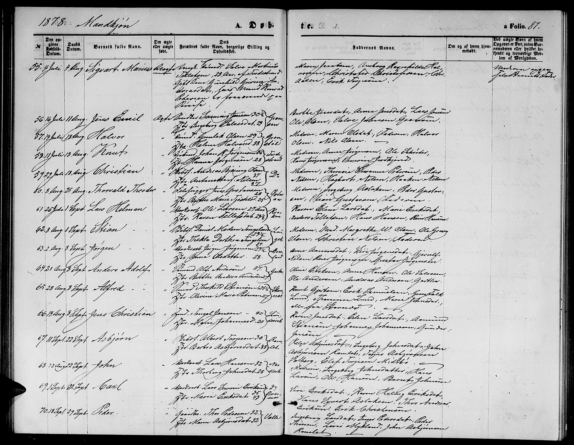 Holt sokneprestkontor, AV/SAK-1111-0021/F/Fb/L0009: Klokkerbok nr. B 9, 1871-1883, s. 87
