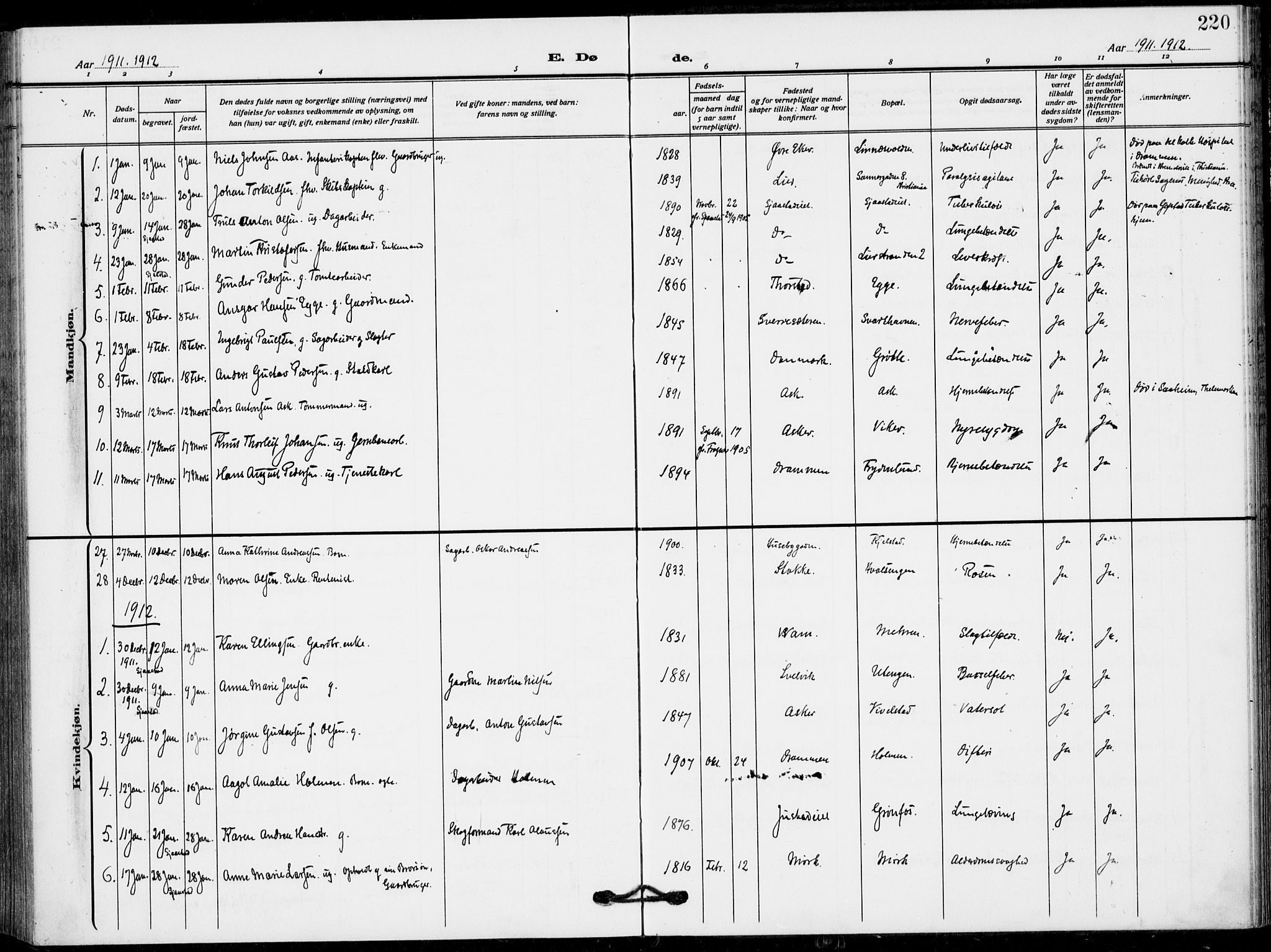 Lier kirkebøker, AV/SAKO-A-230/F/Fa/L0018: Ministerialbok nr. I 18, 1909-1917, s. 220