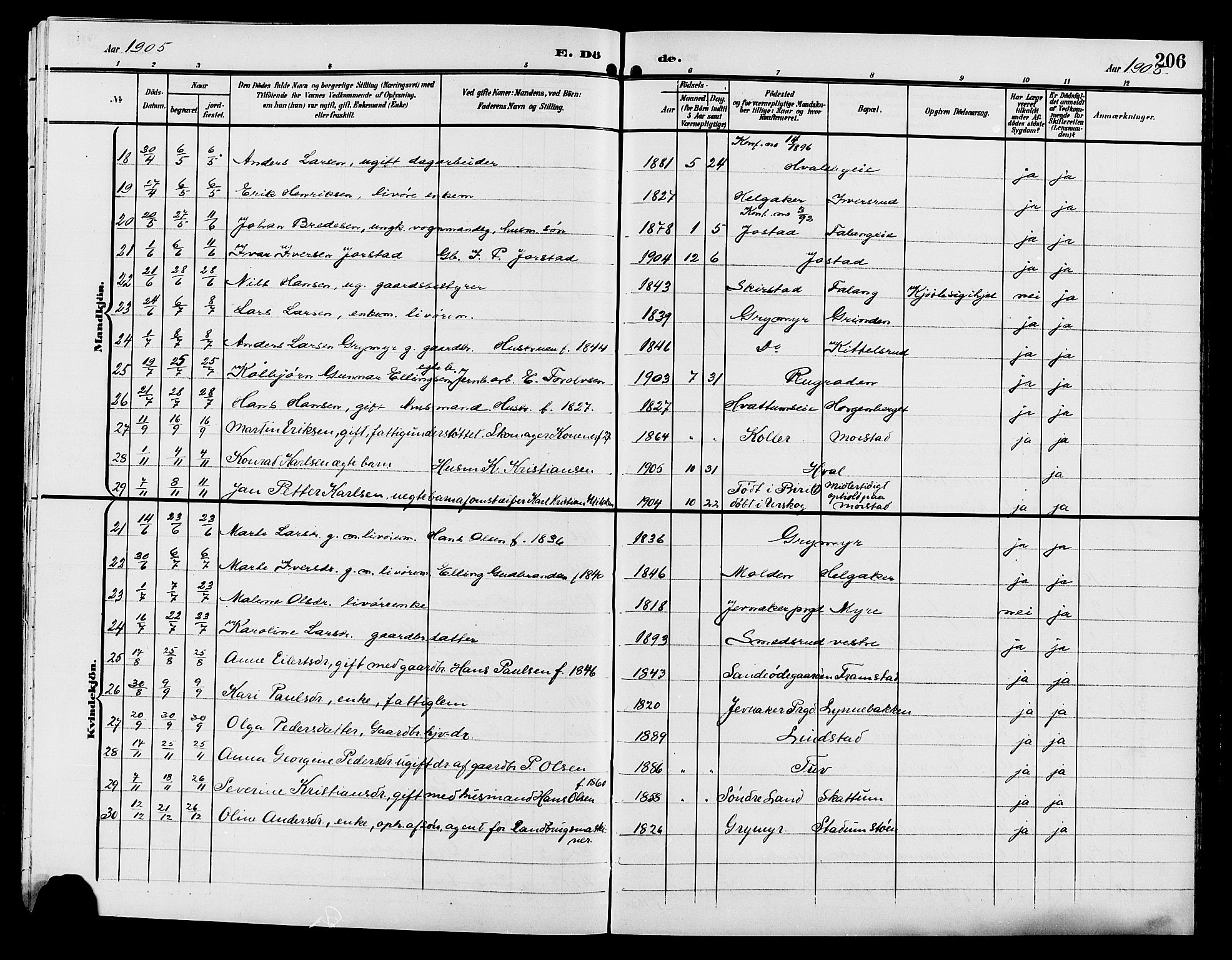 Gran prestekontor, AV/SAH-PREST-112/H/Ha/Hab/L0006: Klokkerbok nr. 6, 1901-1911, s. 206