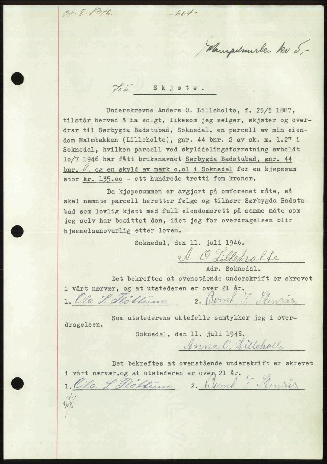 Gauldal sorenskriveri, SAT/A-0014/1/2/2C: Pantebok nr. A2, 1946-1946, Dagboknr: 705/1946