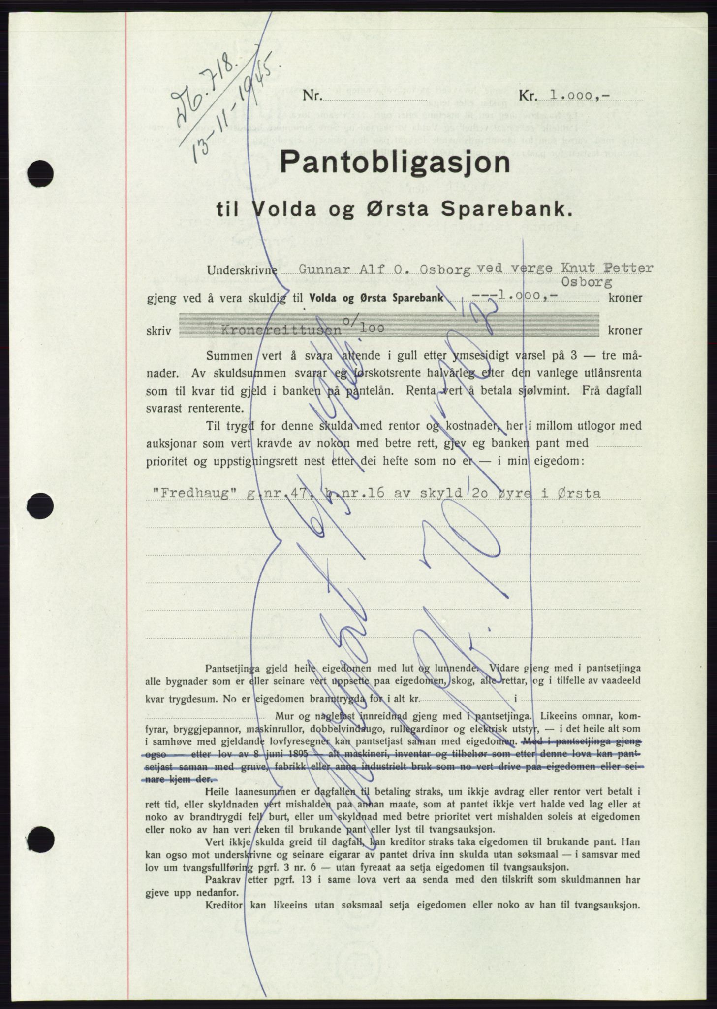 Søre Sunnmøre sorenskriveri, AV/SAT-A-4122/1/2/2C/L0114: Pantebok nr. 1-2B, 1943-1947, Dagboknr: 718/1945