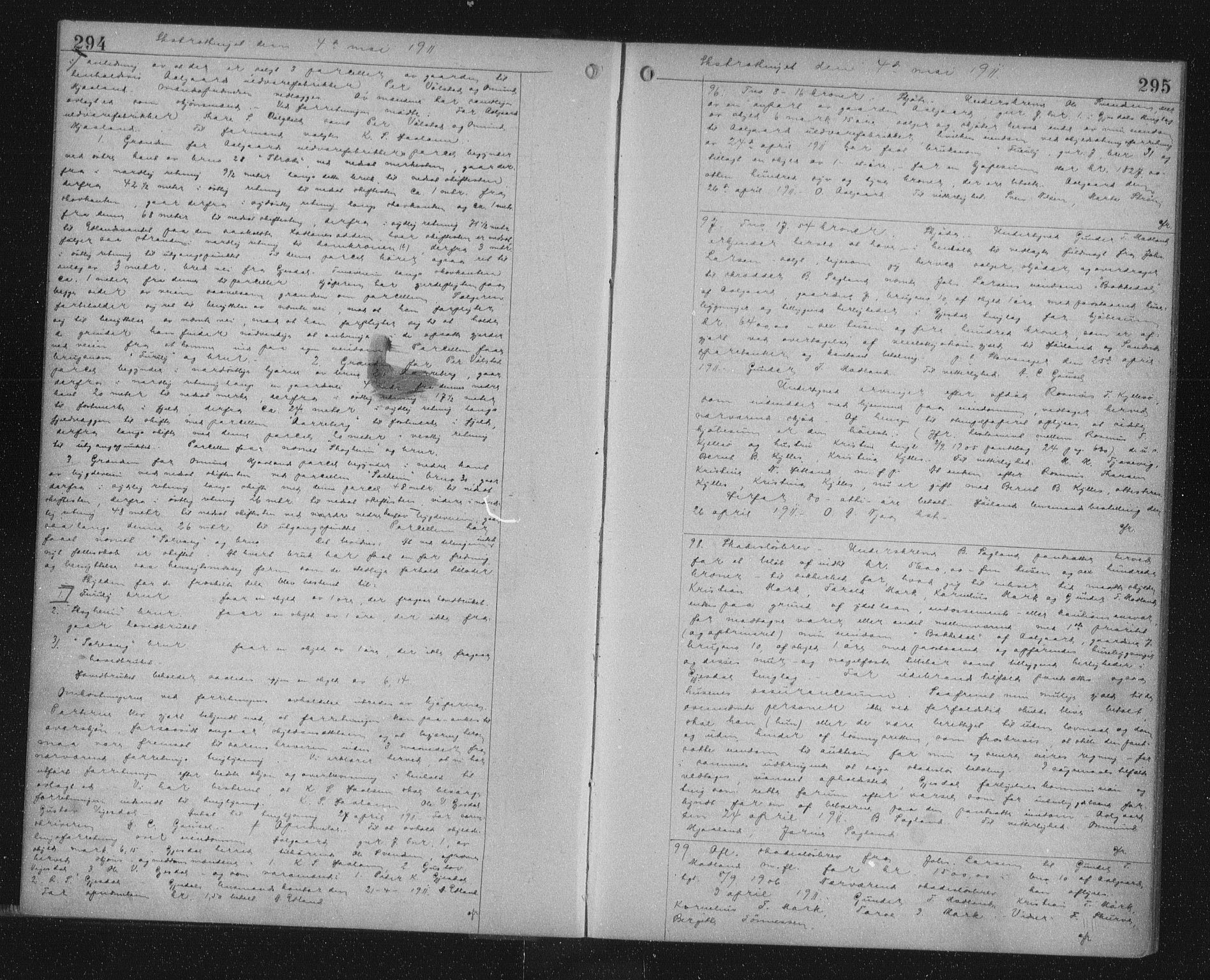 Jæren sorenskriveri, AV/SAST-A-100310/01/4/41/41BF/L0023: Pantebok nr. 27a, 1910-1911, s. 294-295