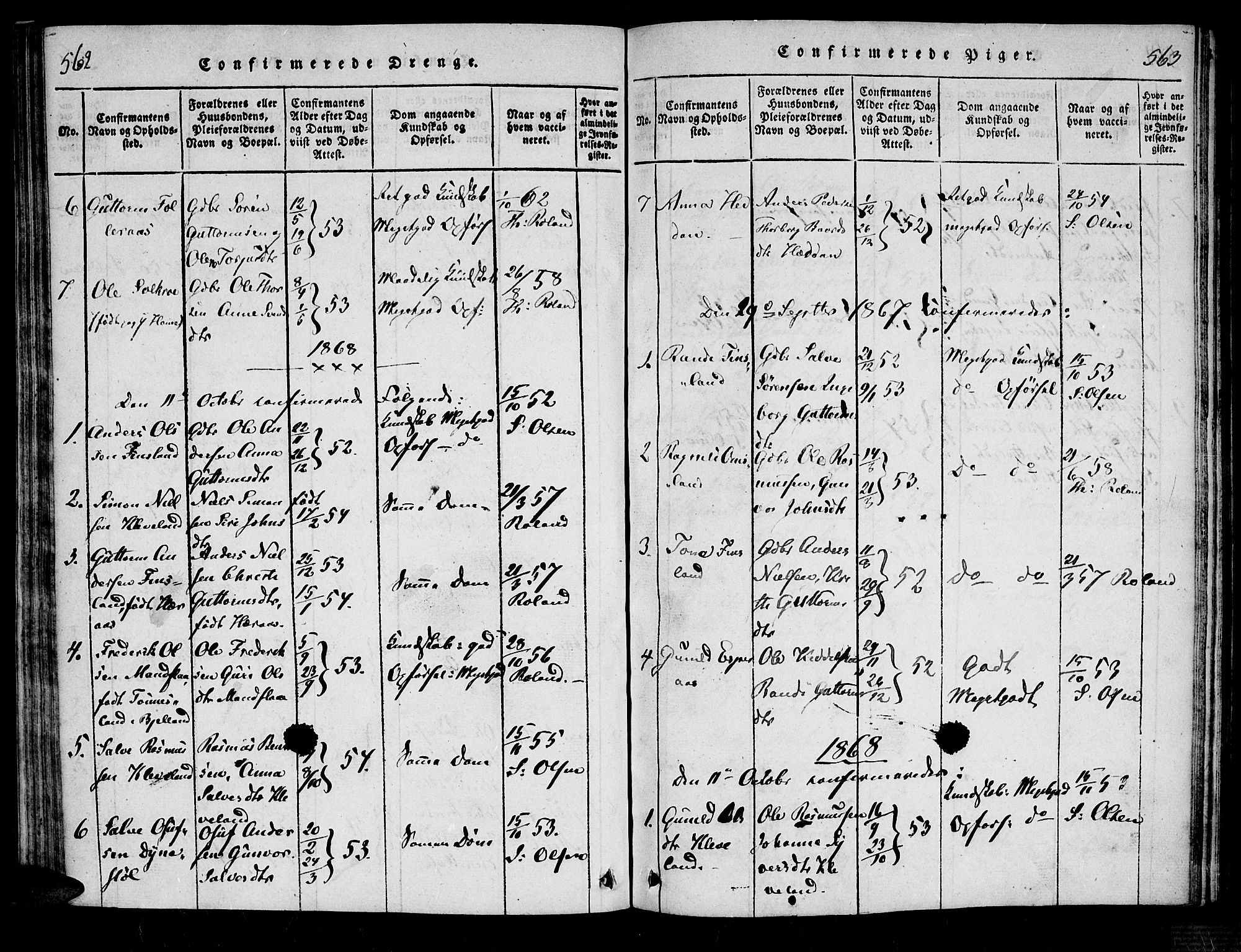 Bjelland sokneprestkontor, SAK/1111-0005/F/Fa/Fab/L0002: Ministerialbok nr. A 2, 1816-1869, s. 562-563