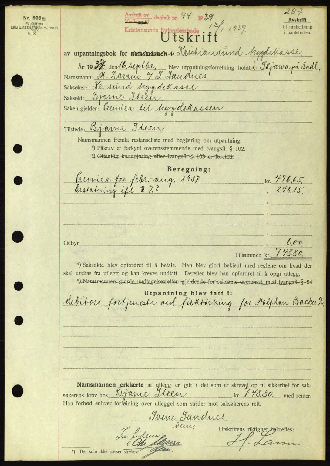 Kristiansund byfogd, AV/SAT-A-4587/A/27: Pantebok nr. 31, 1938-1939, Dagboknr: 44/1939