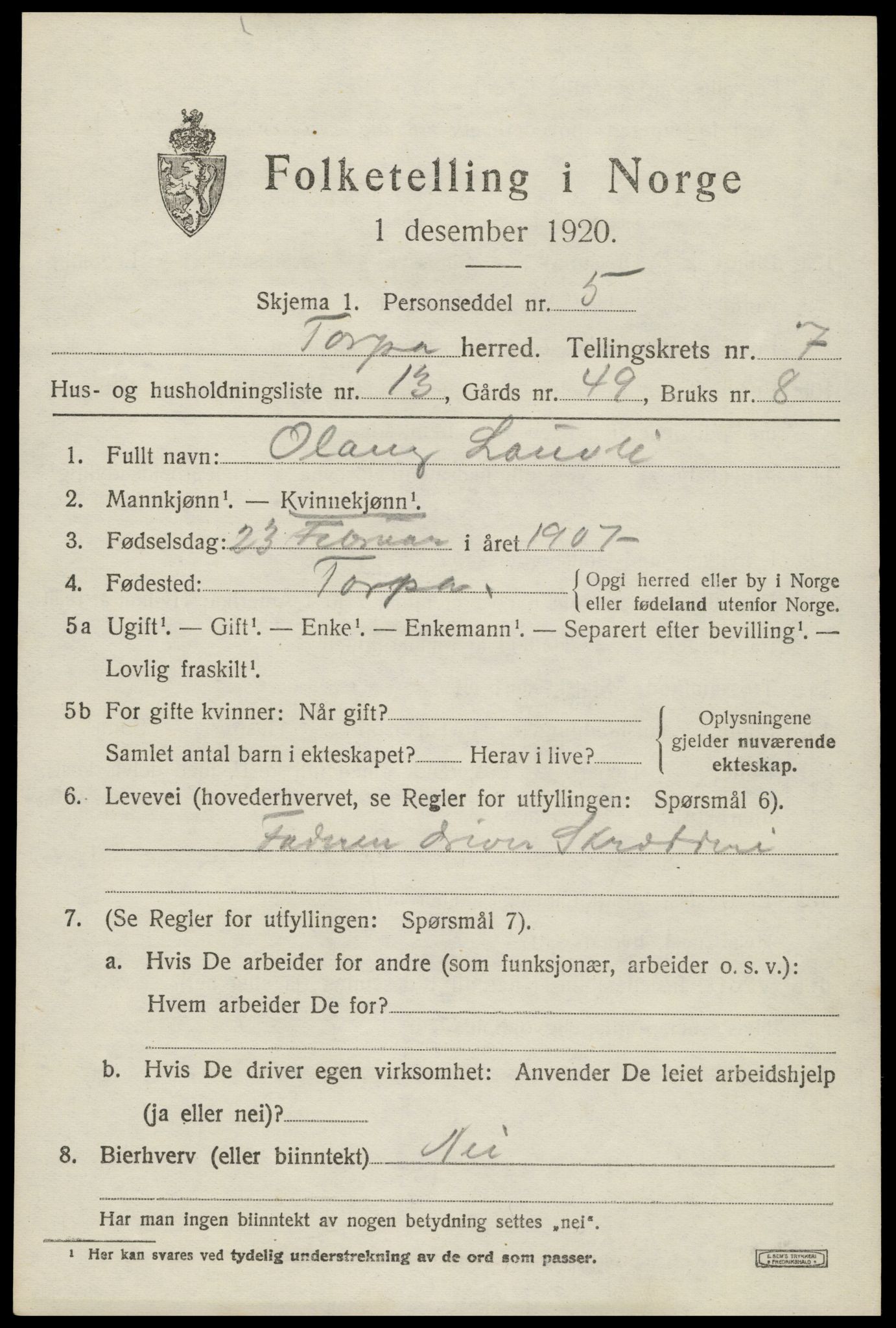 SAH, Folketelling 1920 for 0539 Torpa herred, 1920, s. 4323