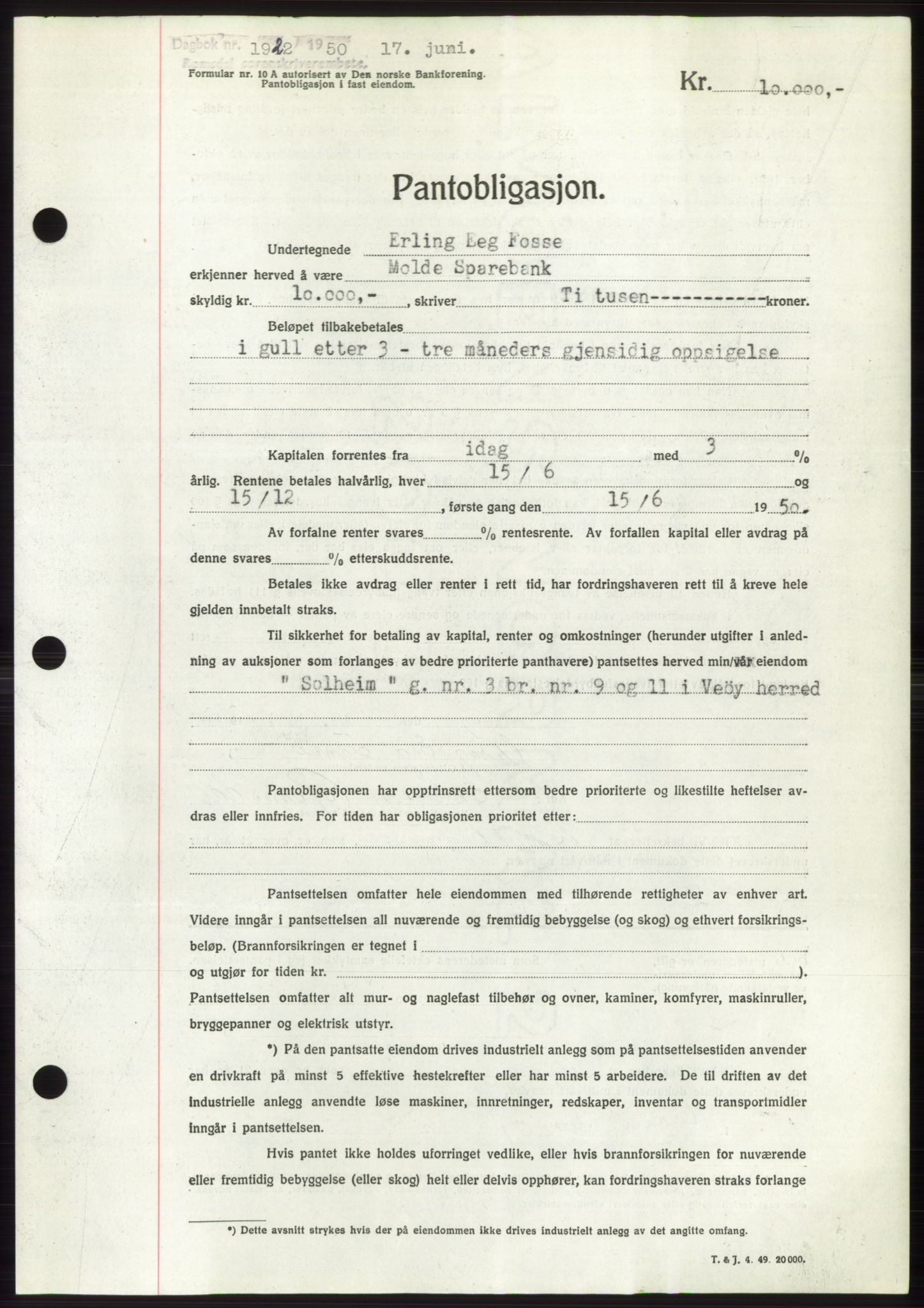 Romsdal sorenskriveri, AV/SAT-A-4149/1/2/2C: Pantebok nr. B5, 1949-1950, Dagboknr: 1922/1950