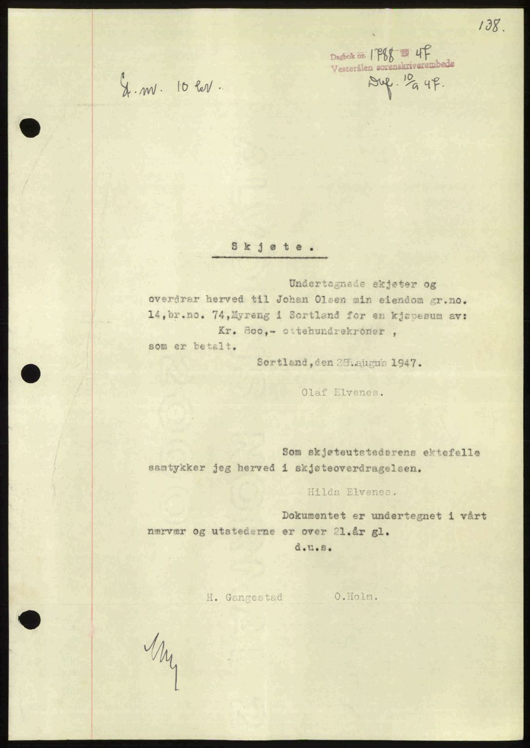 Vesterålen sorenskriveri, SAT/A-4180/1/2/2Ca: Pantebok nr. A21, 1947-1947, Dagboknr: 1788/1947