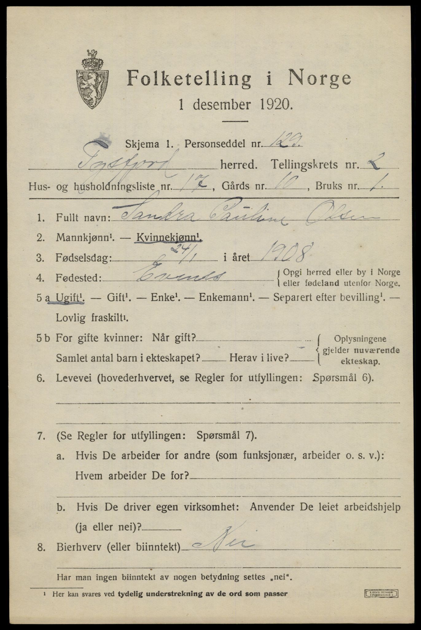 SAT, Folketelling 1920 for 1850 Tysfjord herred, 1920, s. 1483