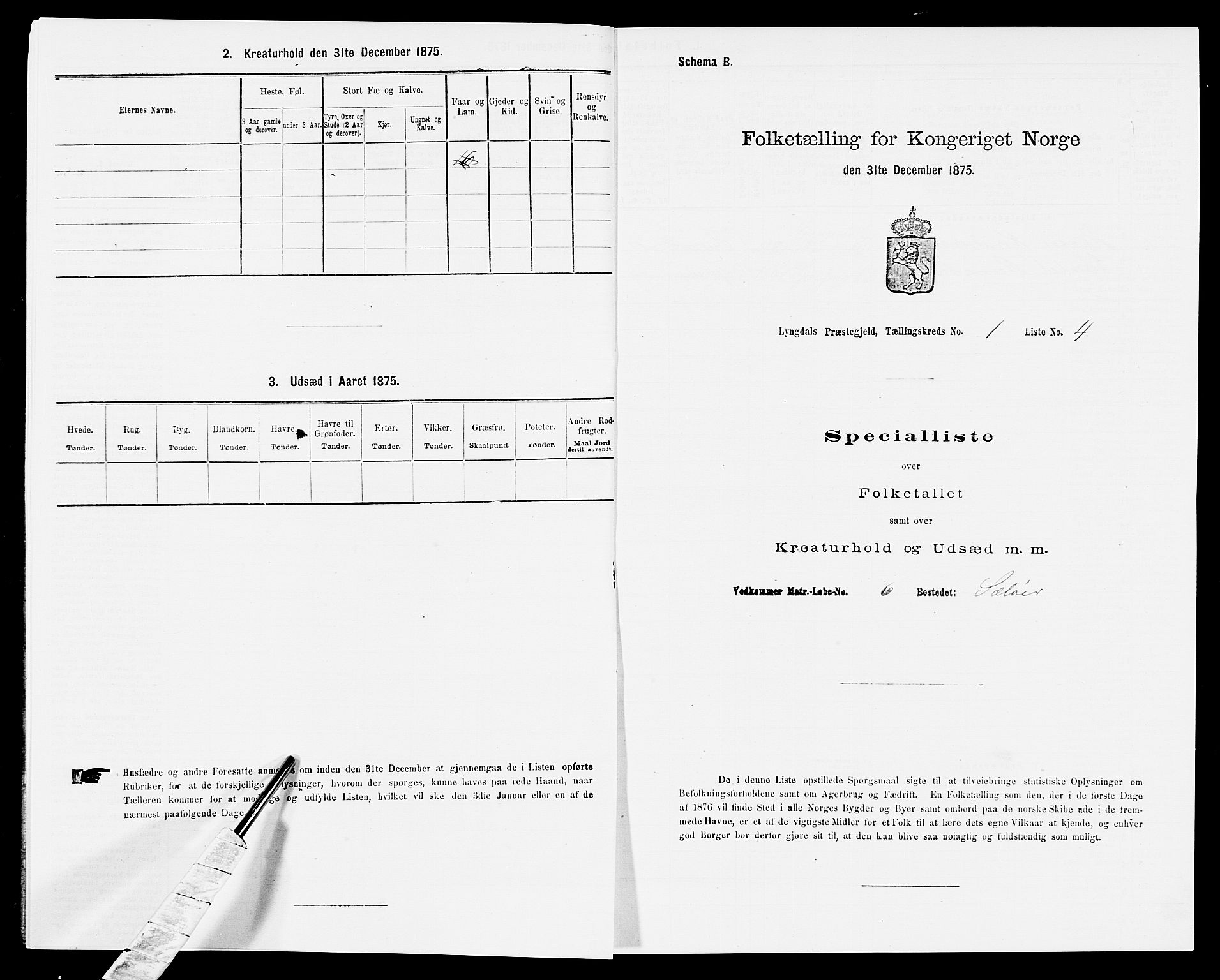 SAK, Folketelling 1875 for 1032P Lyngdal prestegjeld, 1875, s. 97