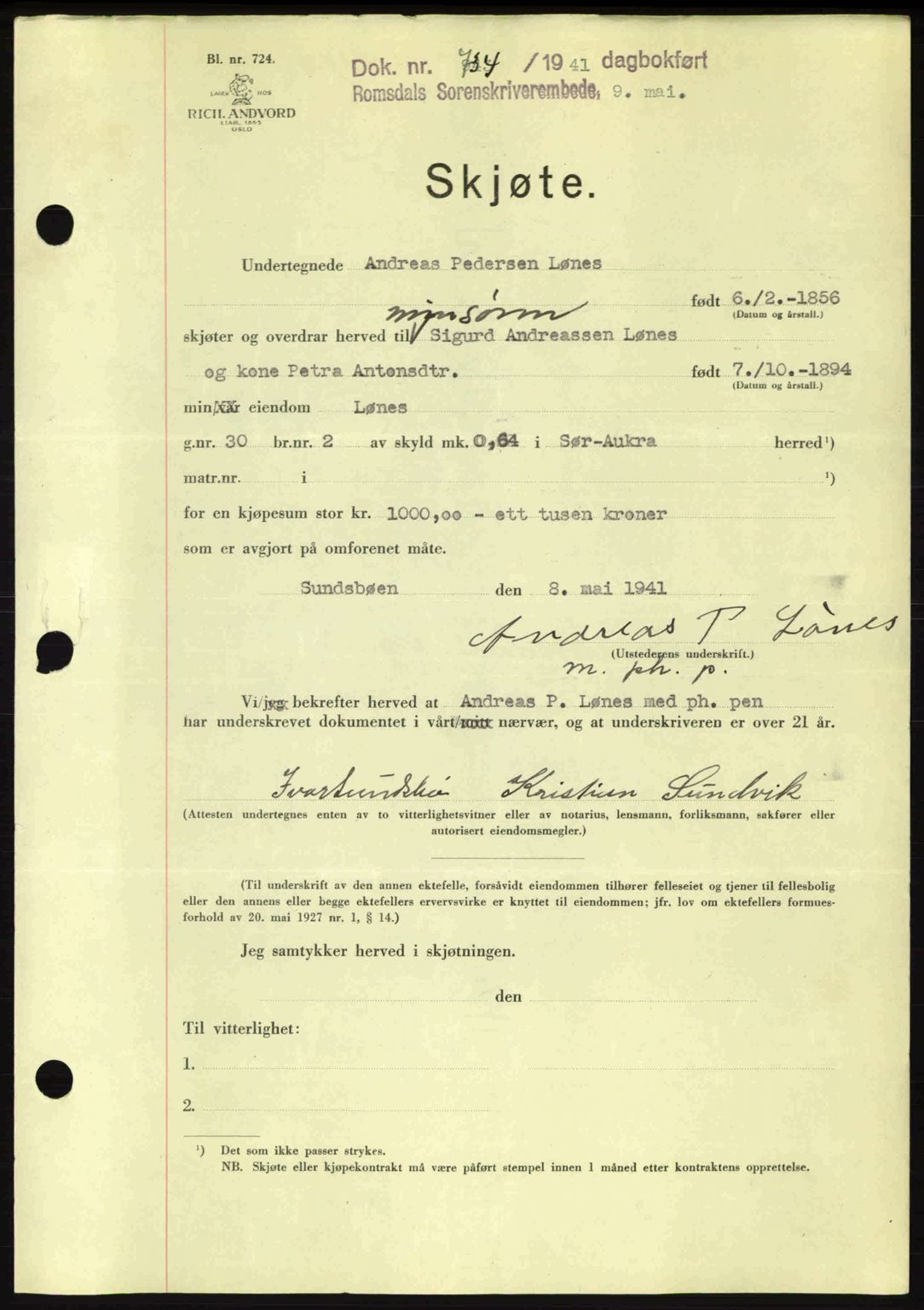 Romsdal sorenskriveri, SAT/A-4149/1/2/2C: Pantebok nr. A9, 1940-1941, Dagboknr: 734/1941