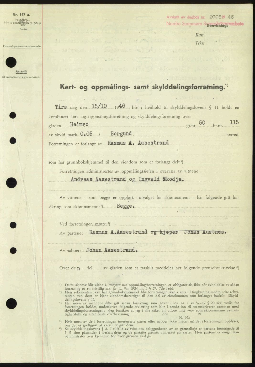 Nordre Sunnmøre sorenskriveri, AV/SAT-A-0006/1/2/2C/2Ca: Pantebok nr. A23, 1946-1947, Dagboknr: 2008/1946