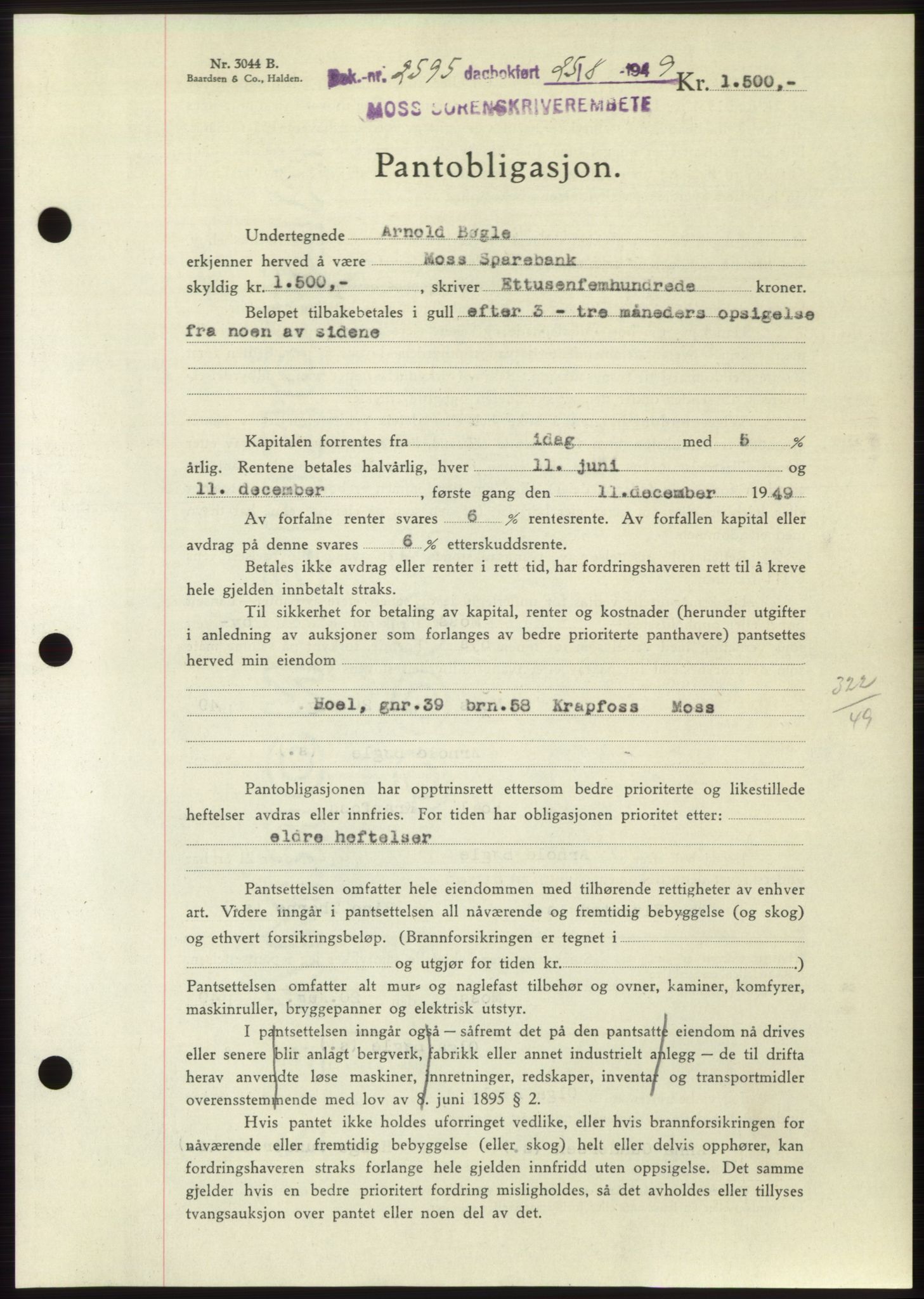 Moss sorenskriveri, SAO/A-10168: Pantebok nr. B22, 1949-1949, Dagboknr: 2595/1949