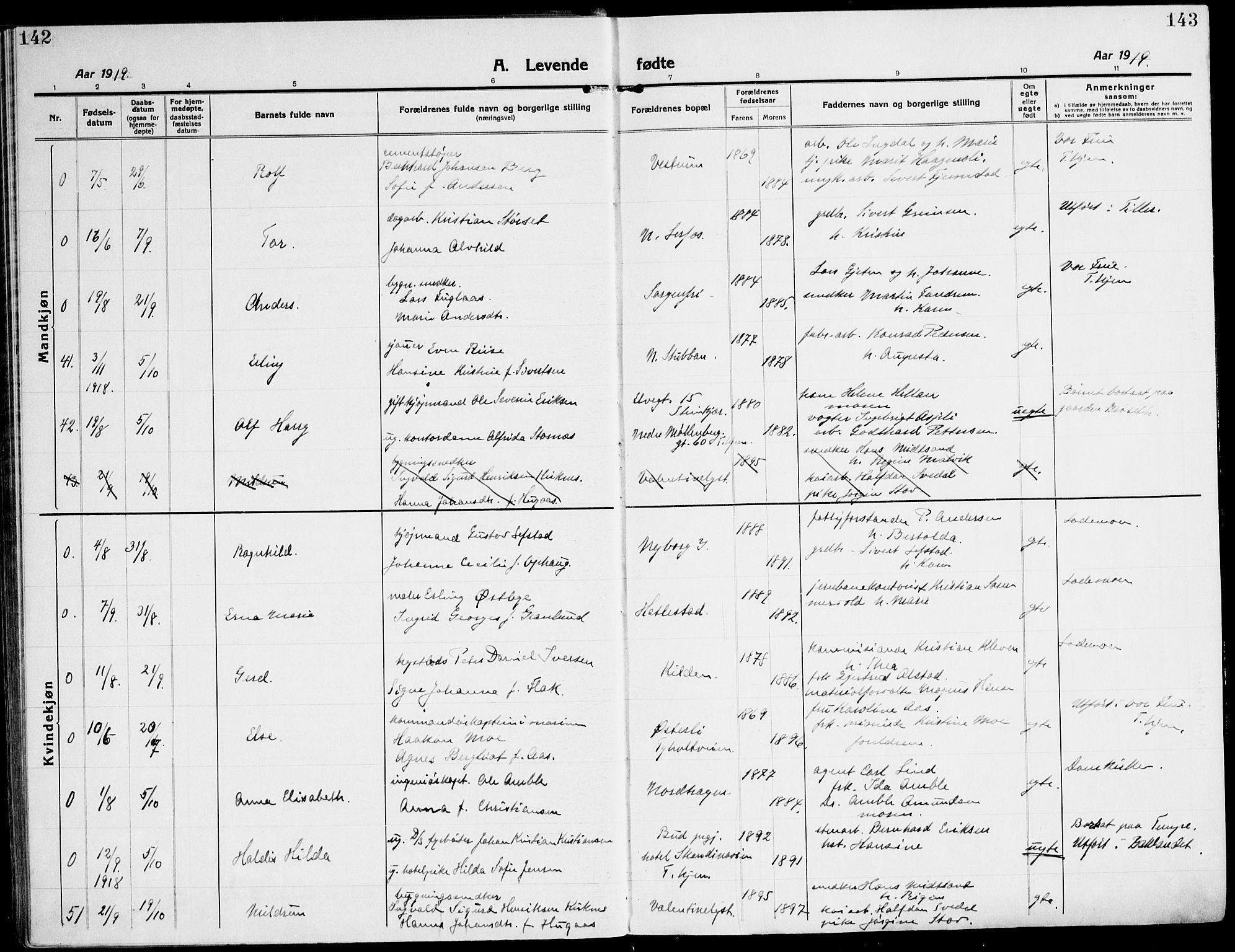 Ministerialprotokoller, klokkerbøker og fødselsregistre - Sør-Trøndelag, SAT/A-1456/607/L0321: Ministerialbok nr. 607A05, 1916-1935, s. 142-143
