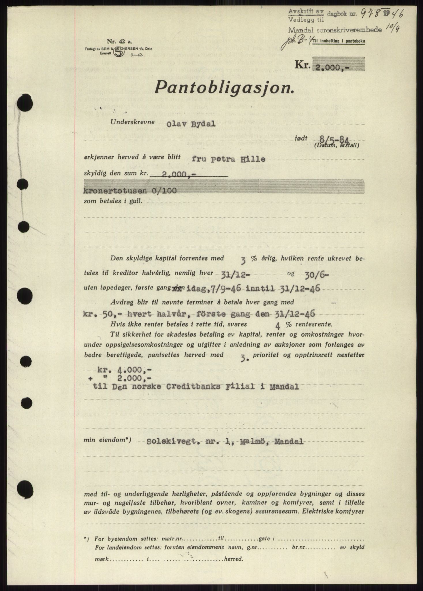 Mandal sorenskriveri, SAK/1221-0005/001/G/Gb/Gbb/L0002: Pantebok nr. B-2 - B-3, 1946-1950, Dagboknr: 978/1946