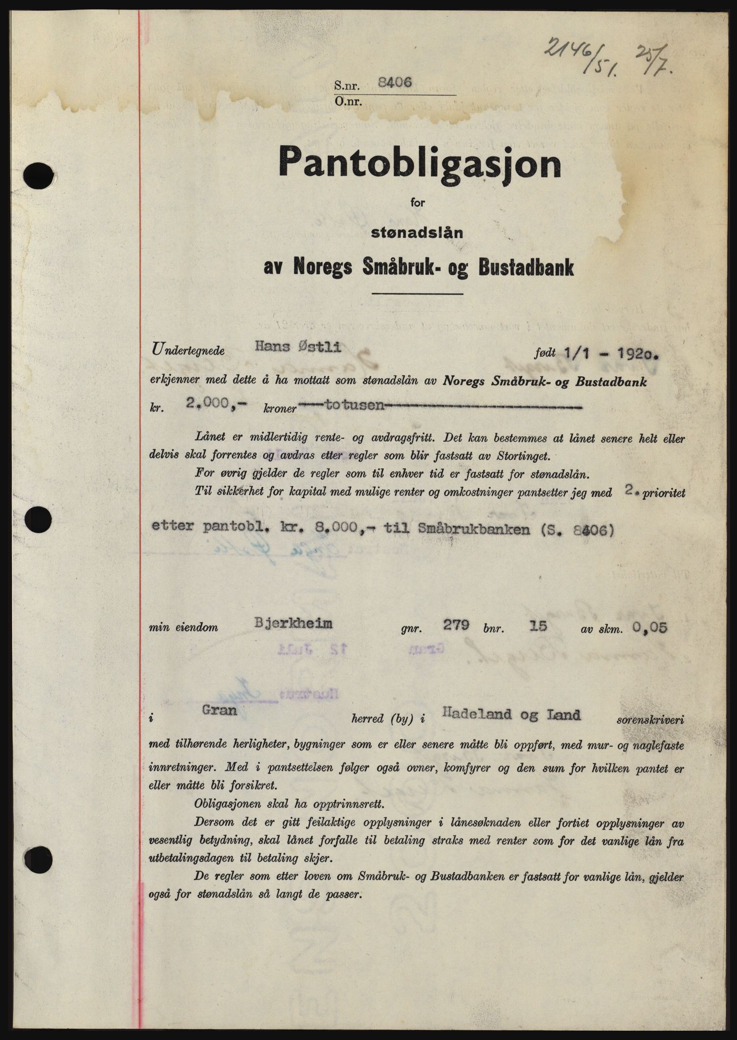 Hadeland og Land tingrett, SAH/TING-010/H/Hb/Hbc/L0022: Pantebok nr. B22, 1951-1951, Dagboknr: 2146/1951