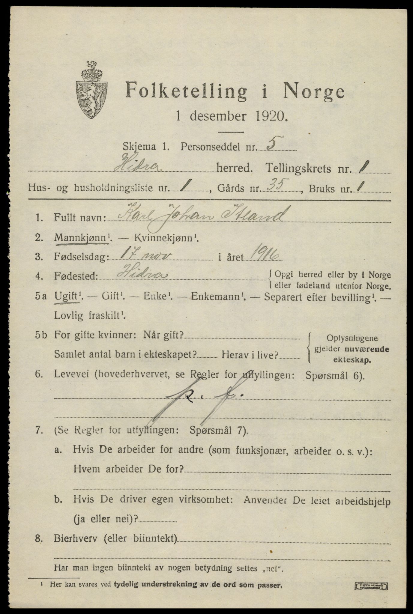 SAK, Folketelling 1920 for 1042 Hidra herred, 1920, s. 832