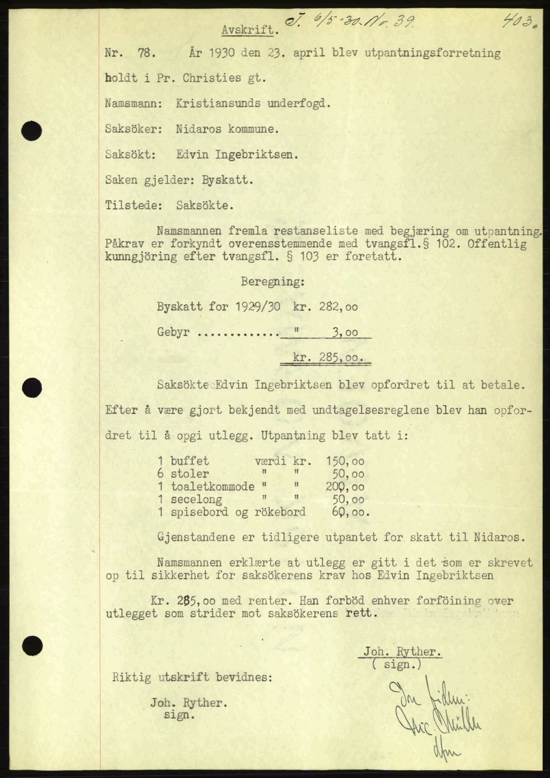 Kristiansund byfogd, AV/SAT-A-4587/A/27: Pantebok nr. 23, 1929-1930, Tingl.dato: 06.05.1930