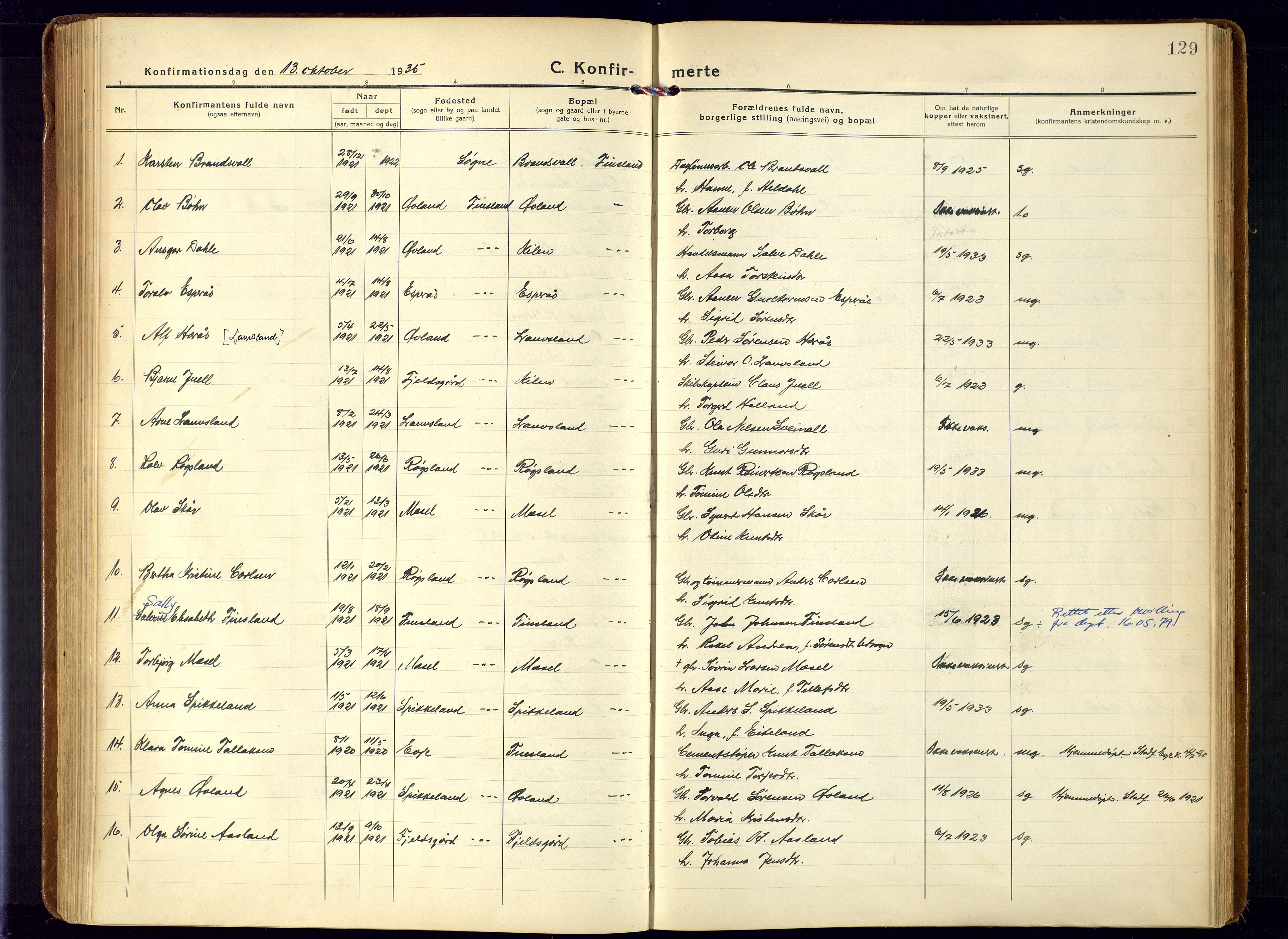 Bjelland sokneprestkontor, SAK/1111-0005/F/Fa/Fab/L0005: Ministerialbok nr. A 5, 1921-1951, s. 129