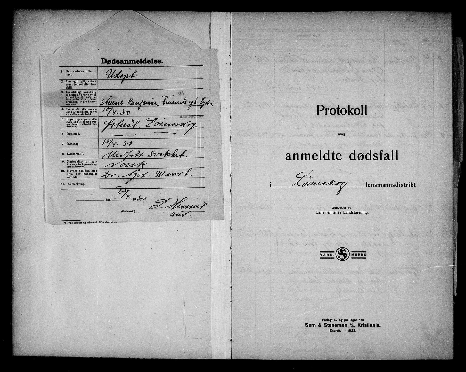 Lørenskog lensmannskontor, AV/SAO-A-10551/H/Ha/L0001: Dødsfallsprotokoll, 1922-1933