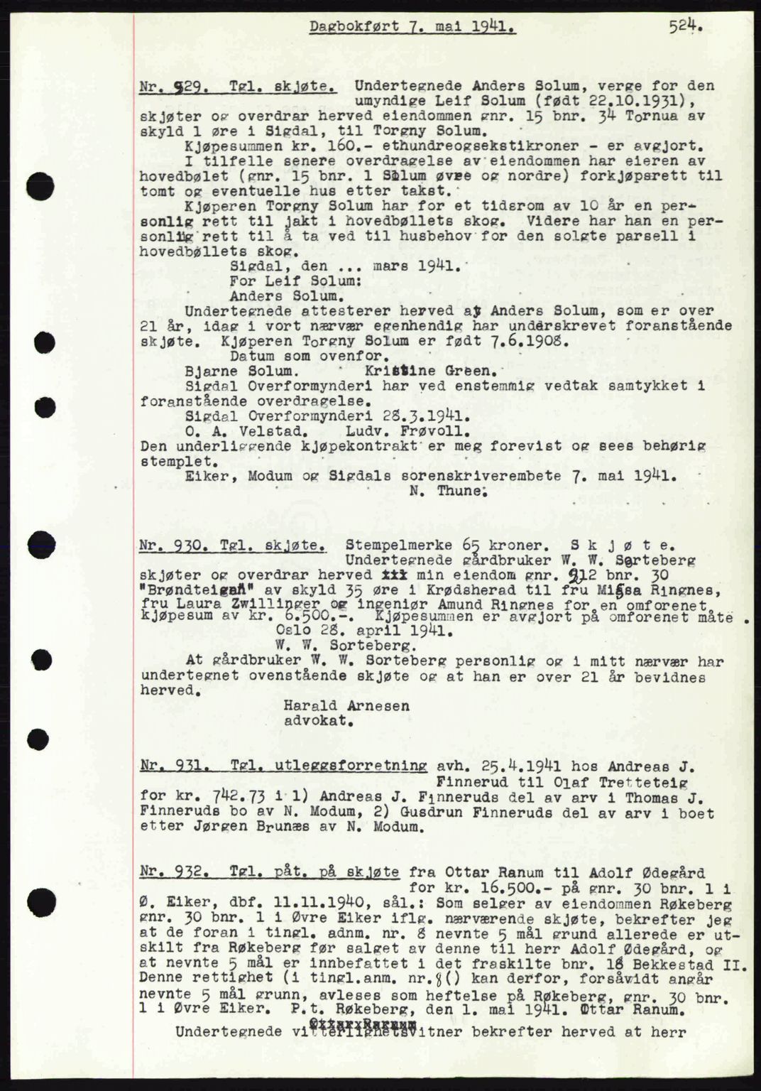 Eiker, Modum og Sigdal sorenskriveri, SAKO/A-123/G/Ga/Gab/L0043: Pantebok nr. A13, 1940-1941, Dagboknr: 929/1941