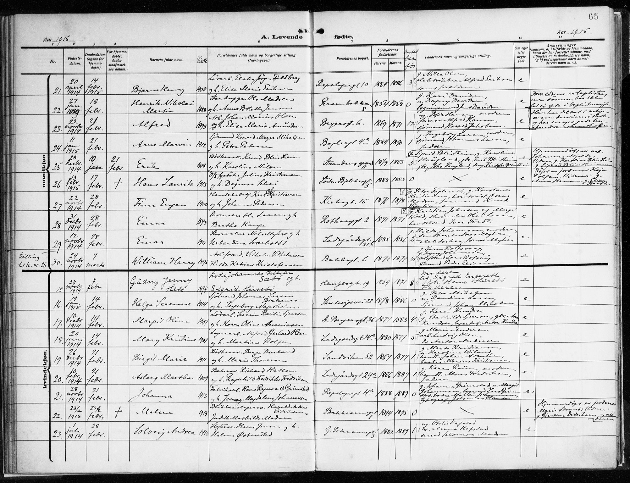 Sandviken Sokneprestembete, AV/SAB-A-77601/H/Ha/L0007: Ministerialbok nr. B 4, 1912-1924, s. 65