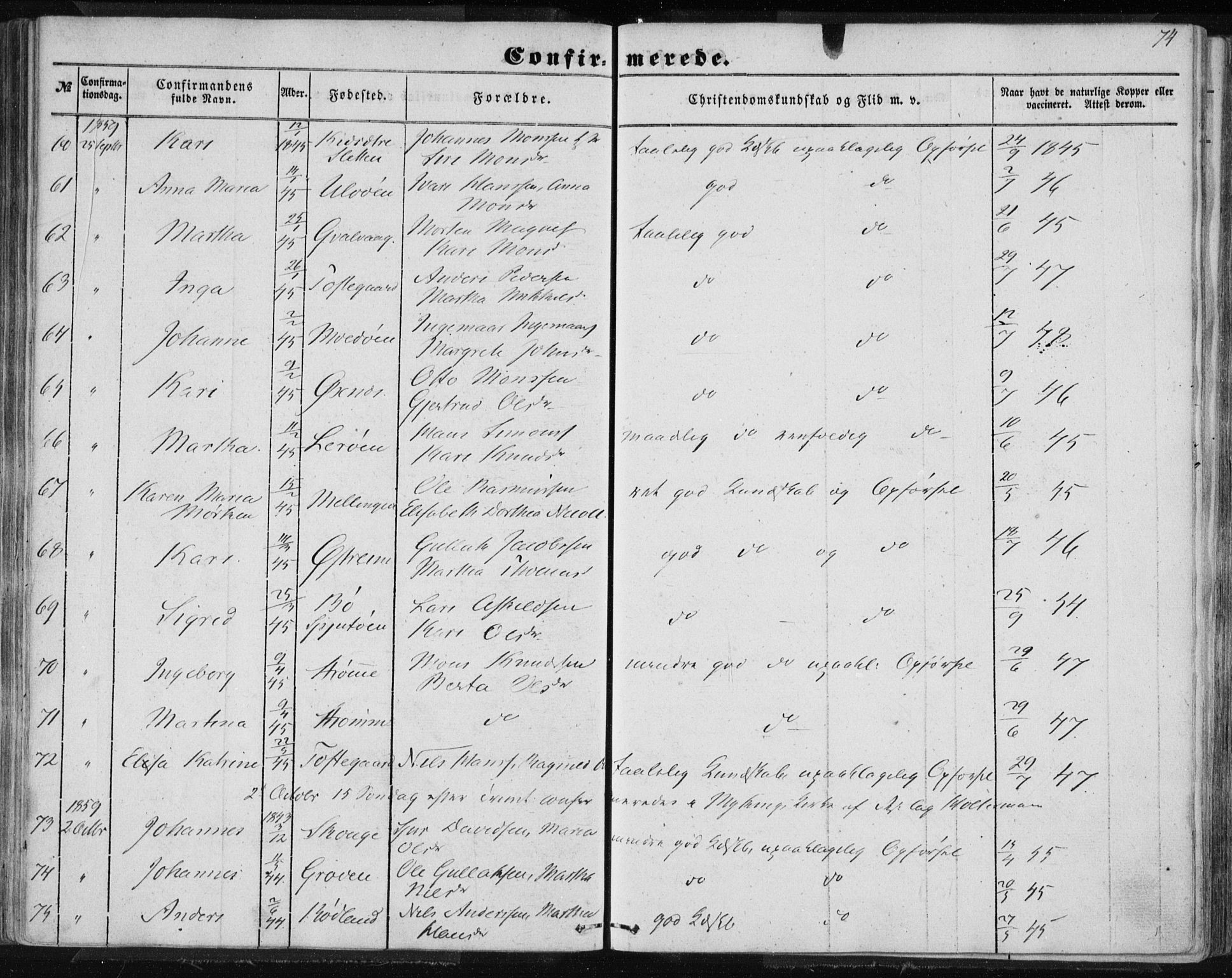Lindås Sokneprestembete, AV/SAB-A-76701/H/Haa/Haaa/L0013: Ministerialbok nr. A 13, 1848-1862, s. 74
