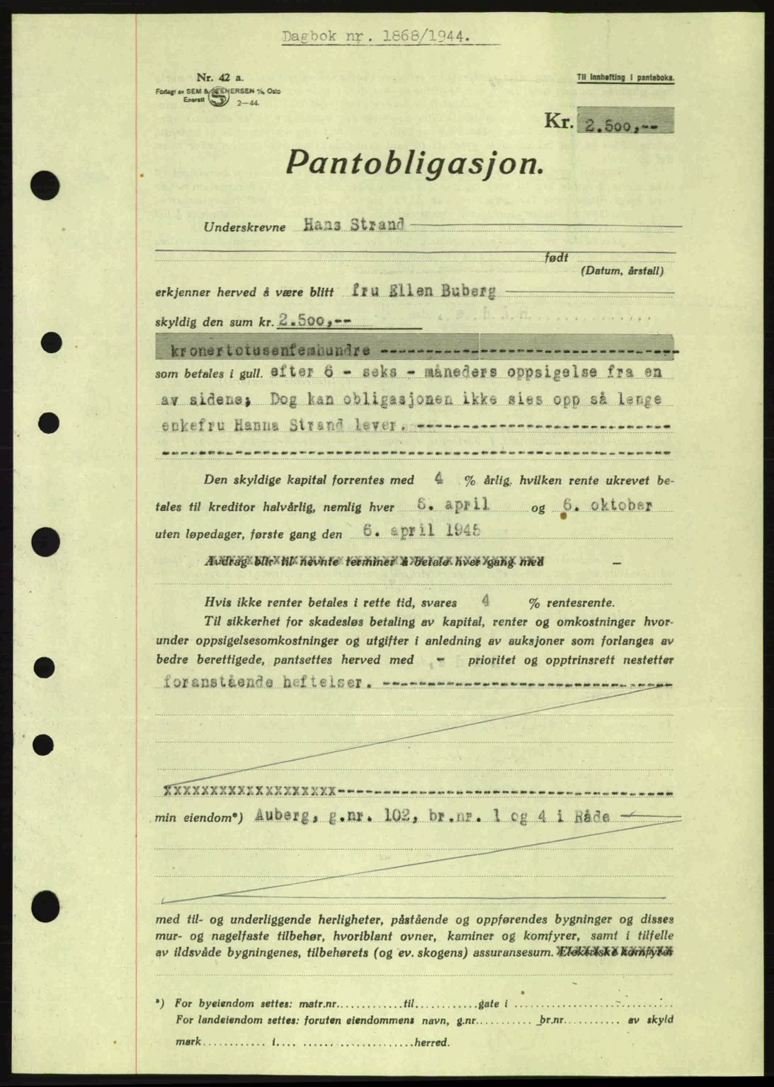 Moss sorenskriveri, SAO/A-10168: Pantebok nr. B13, 1943-1945, Dagboknr: 1868/1944