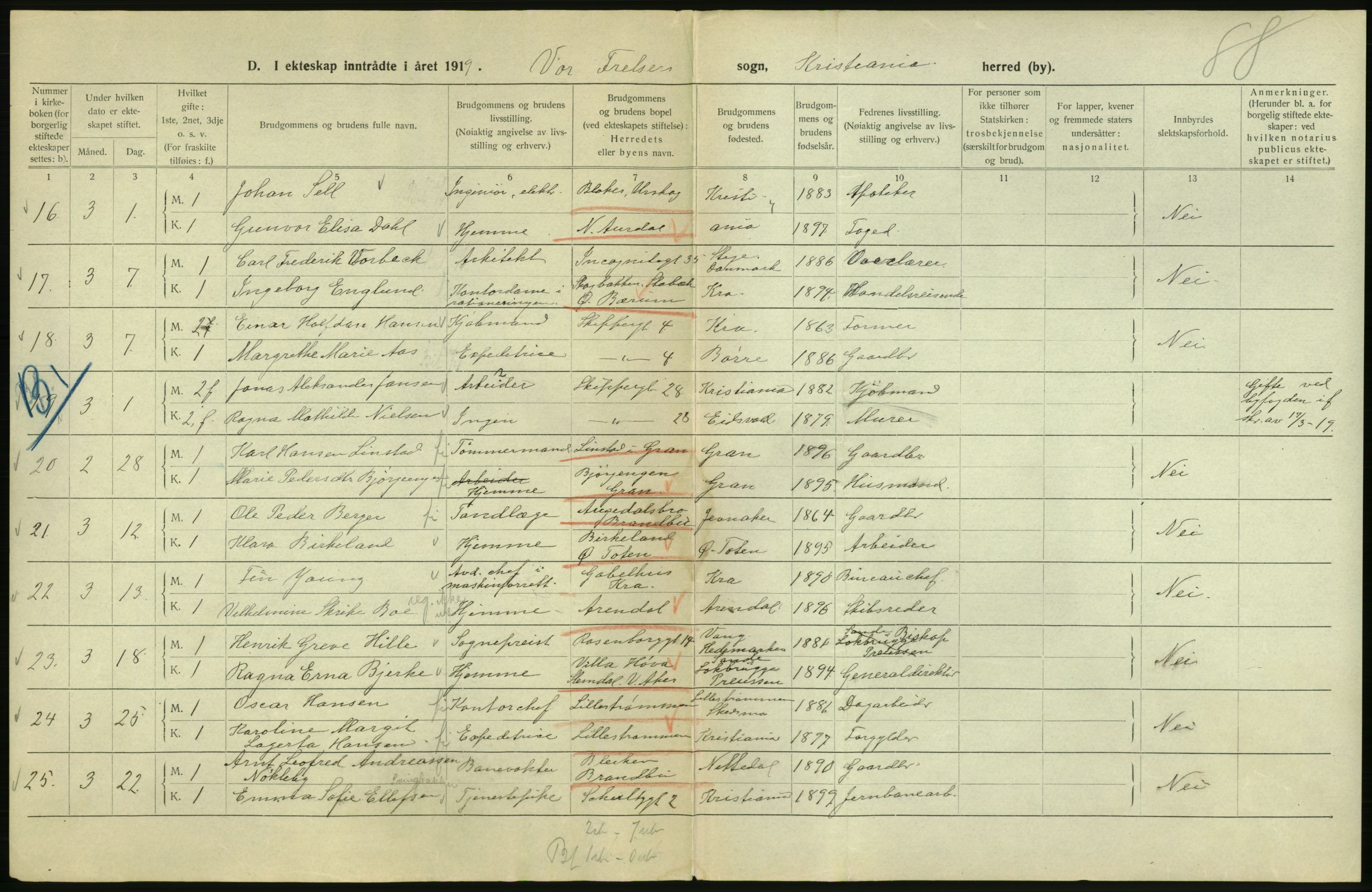 Statistisk sentralbyrå, Sosiodemografiske emner, Befolkning, AV/RA-S-2228/D/Df/Dfb/Dfbi/L0009: Kristiania: Gifte, 1919, s. 6