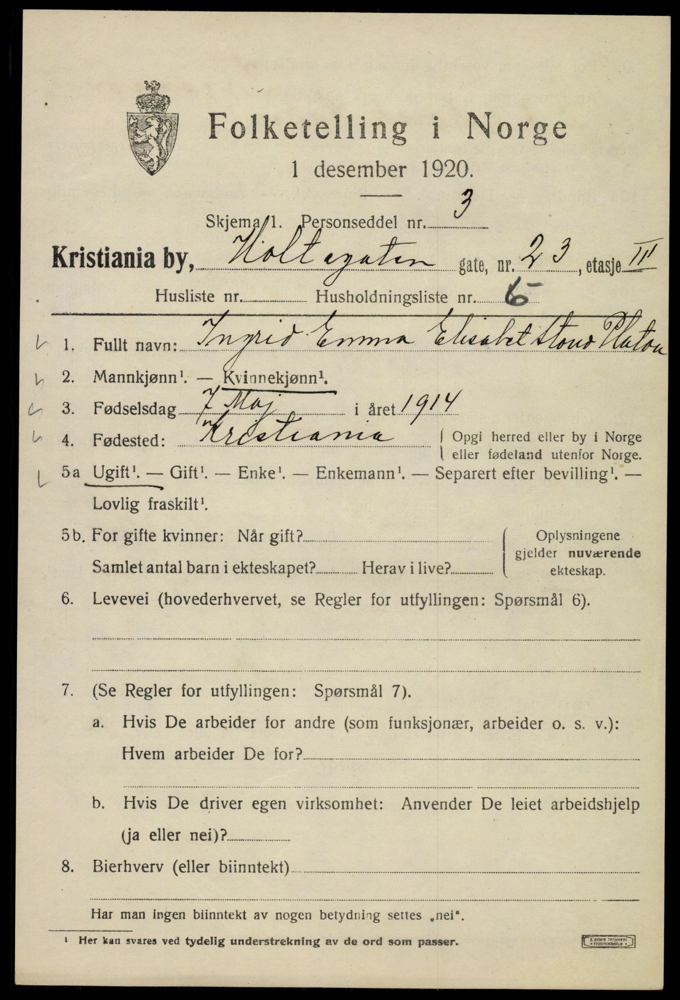 SAO, Folketelling 1920 for 0301 Kristiania kjøpstad, 1920, s. 298527