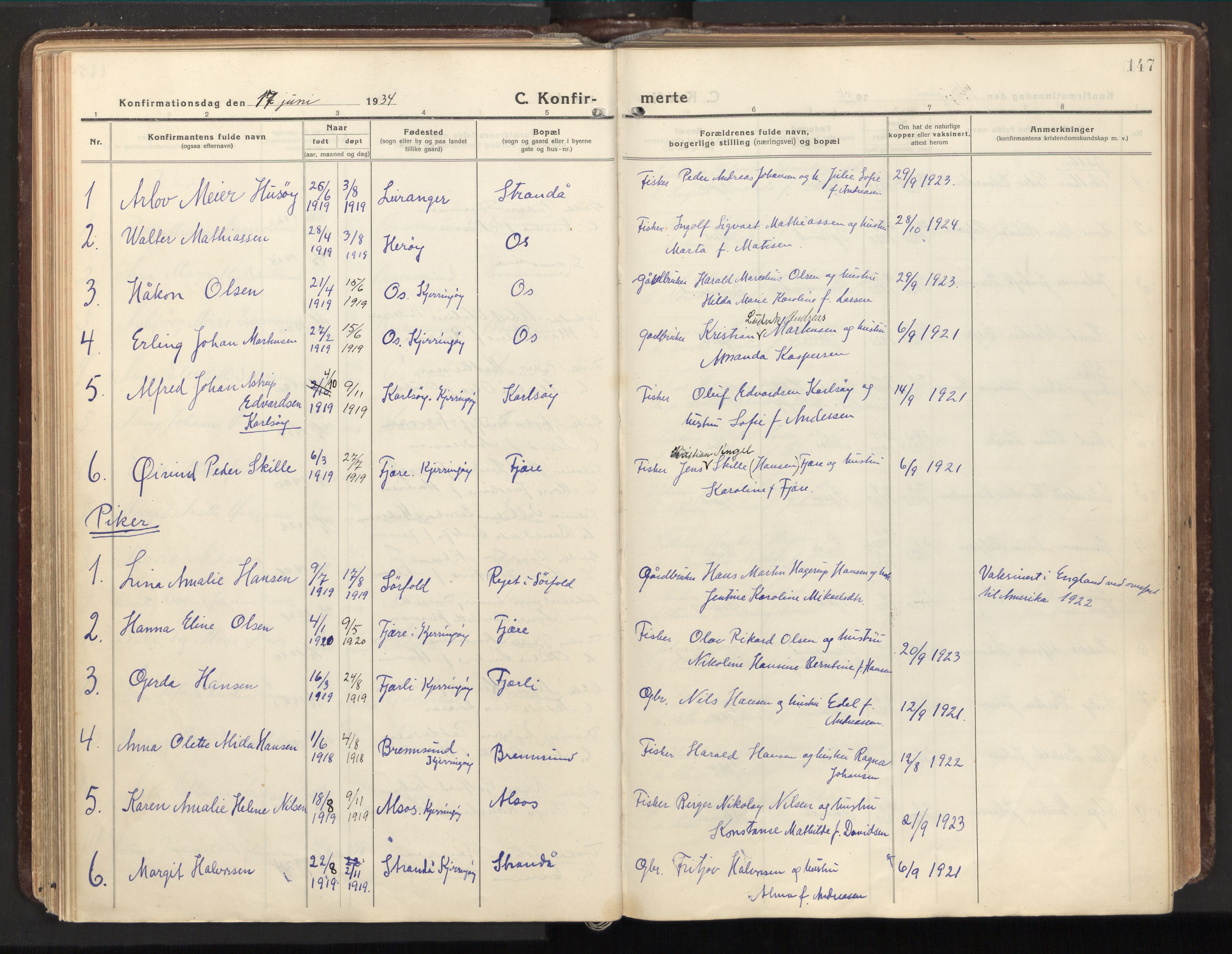Ministerialprotokoller, klokkerbøker og fødselsregistre - Nordland, AV/SAT-A-1459/803/L0073: Ministerialbok nr. 803A03, 1920-1955, s. 147