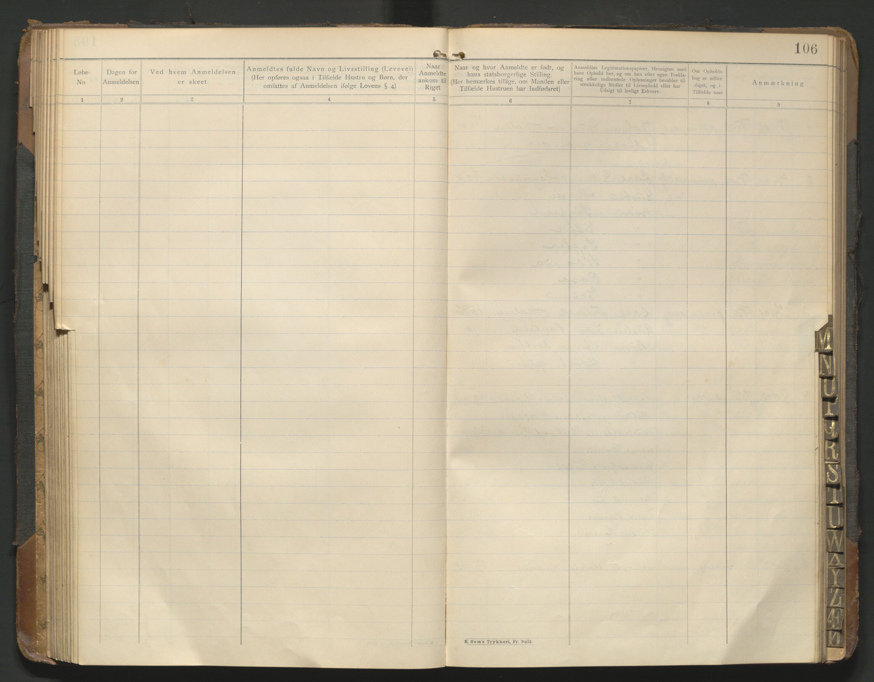 Fredrikstad politikammer, AV/SAO-A-10055/H/Hb/Hba/L0001: Protokoll over fremmede statsborgere, 1901-1916, s. 105b-106a