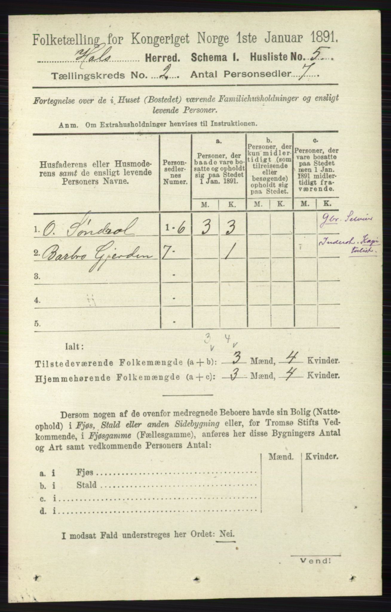 RA, Folketelling 1891 for 0620 Hol herred, 1891, s. 287