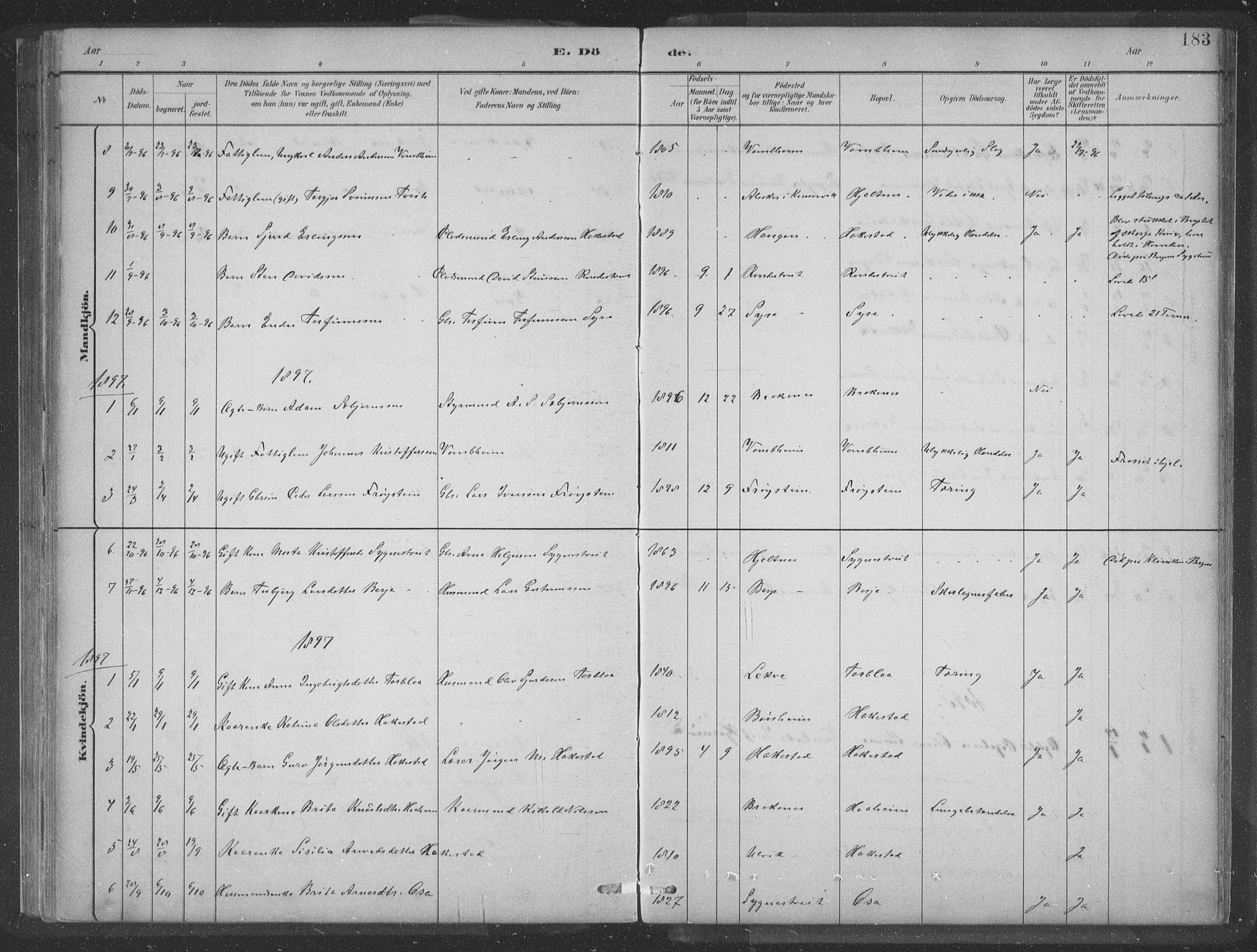 Ulvik sokneprestembete, AV/SAB-A-78801/H/Hab: Klokkerbok nr. A 3, 1883-1908, s. 183