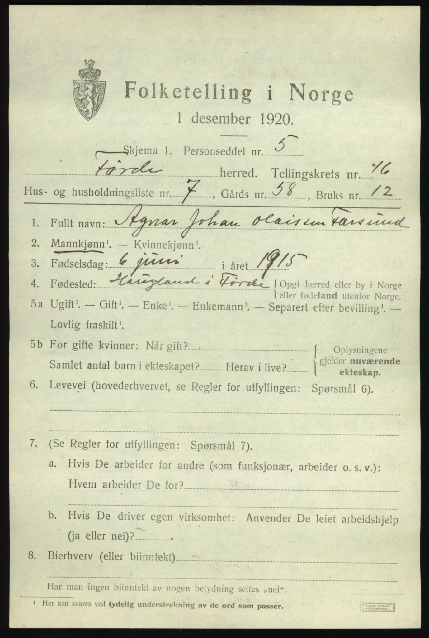 SAB, Folketelling 1920 for 1432 Førde herred, 1920, s. 5398