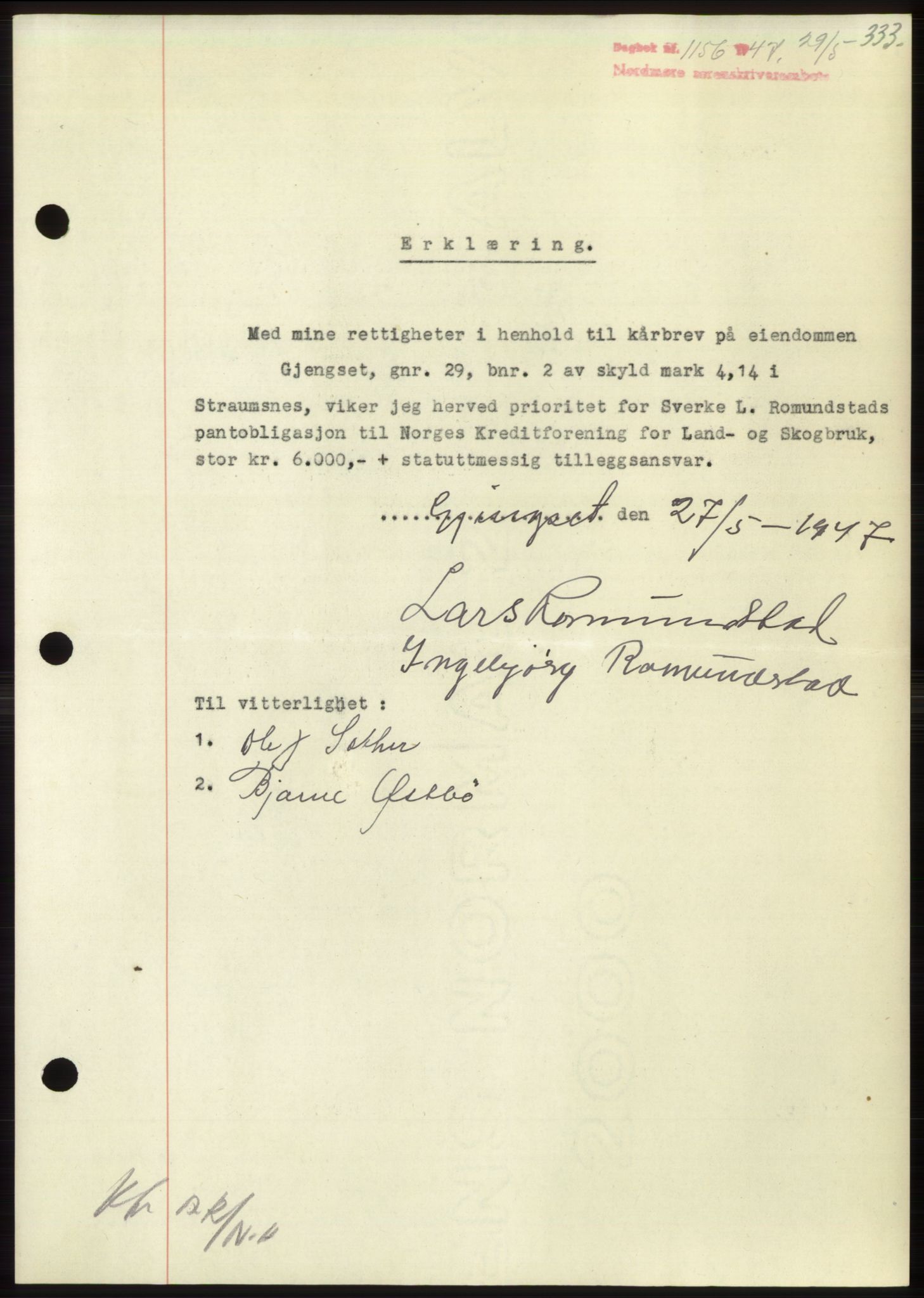 Nordmøre sorenskriveri, SAT/A-4132/1/2/2Ca: Pantebok nr. B96, 1947-1947, Dagboknr: 1156/1947