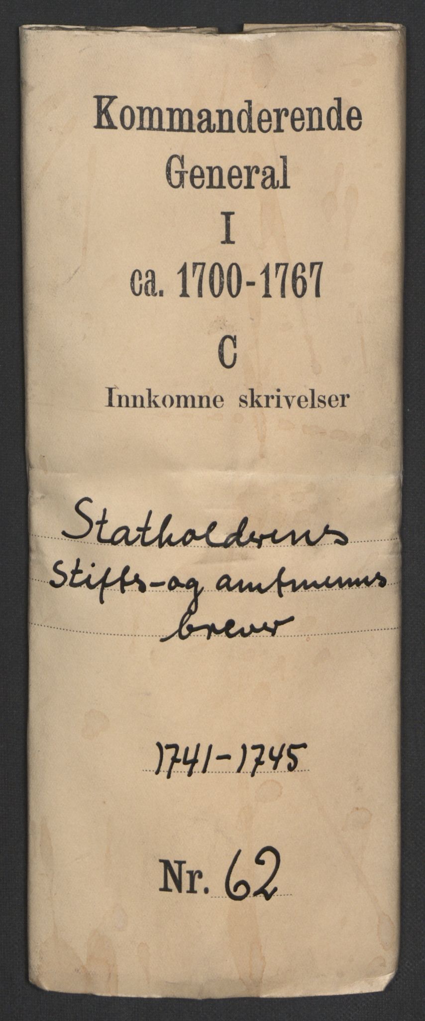 Kommanderende general (KG I) med Det norske krigsdirektorium, AV/RA-EA-5419/D/L0062: Stattholderens, stiftamtmenns og amtmenns brev, 1741-1745, s. 1