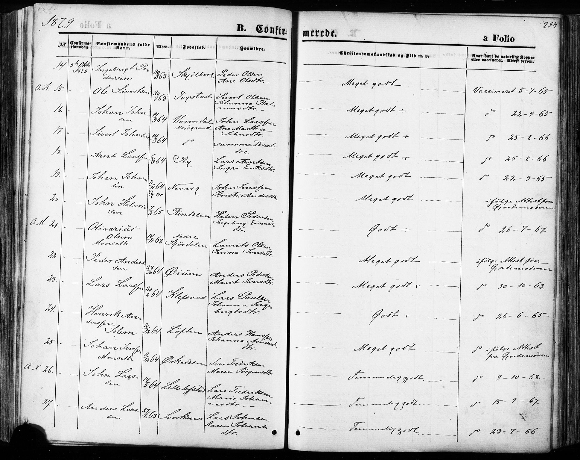 Ministerialprotokoller, klokkerbøker og fødselsregistre - Sør-Trøndelag, SAT/A-1456/668/L0807: Ministerialbok nr. 668A07, 1870-1880, s. 254