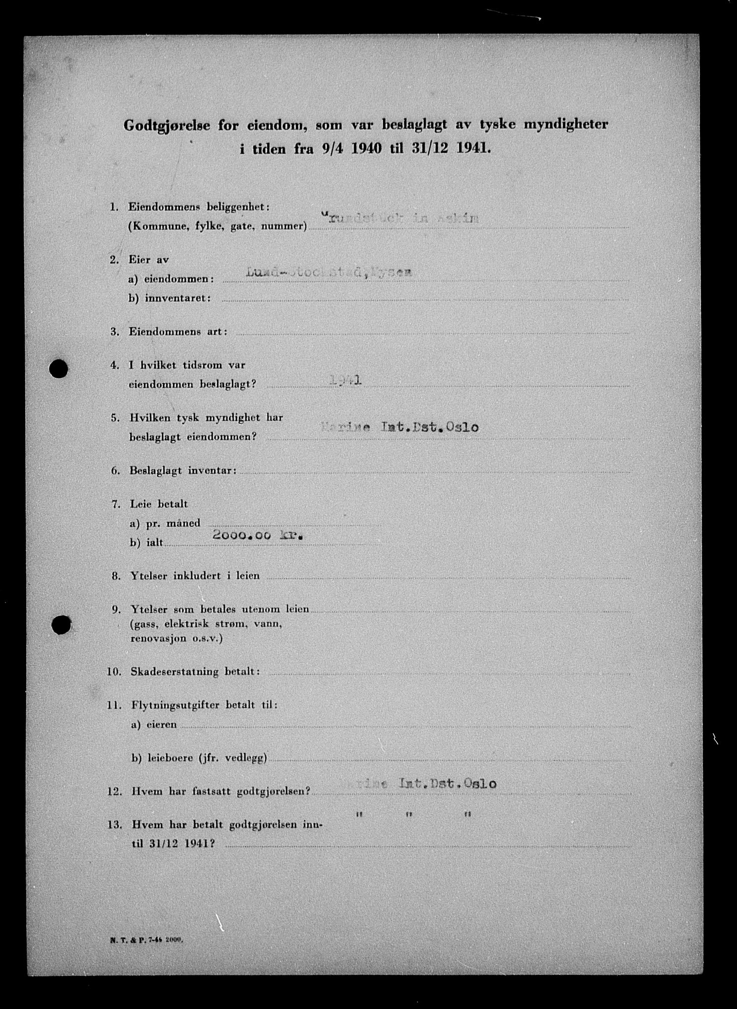 Justisdepartementet, Tilbakeføringskontoret for inndratte formuer, AV/RA-S-1564/I/L1010: Godtgjørelse for beslaglagt eiendom, 1940-1941, s. 5