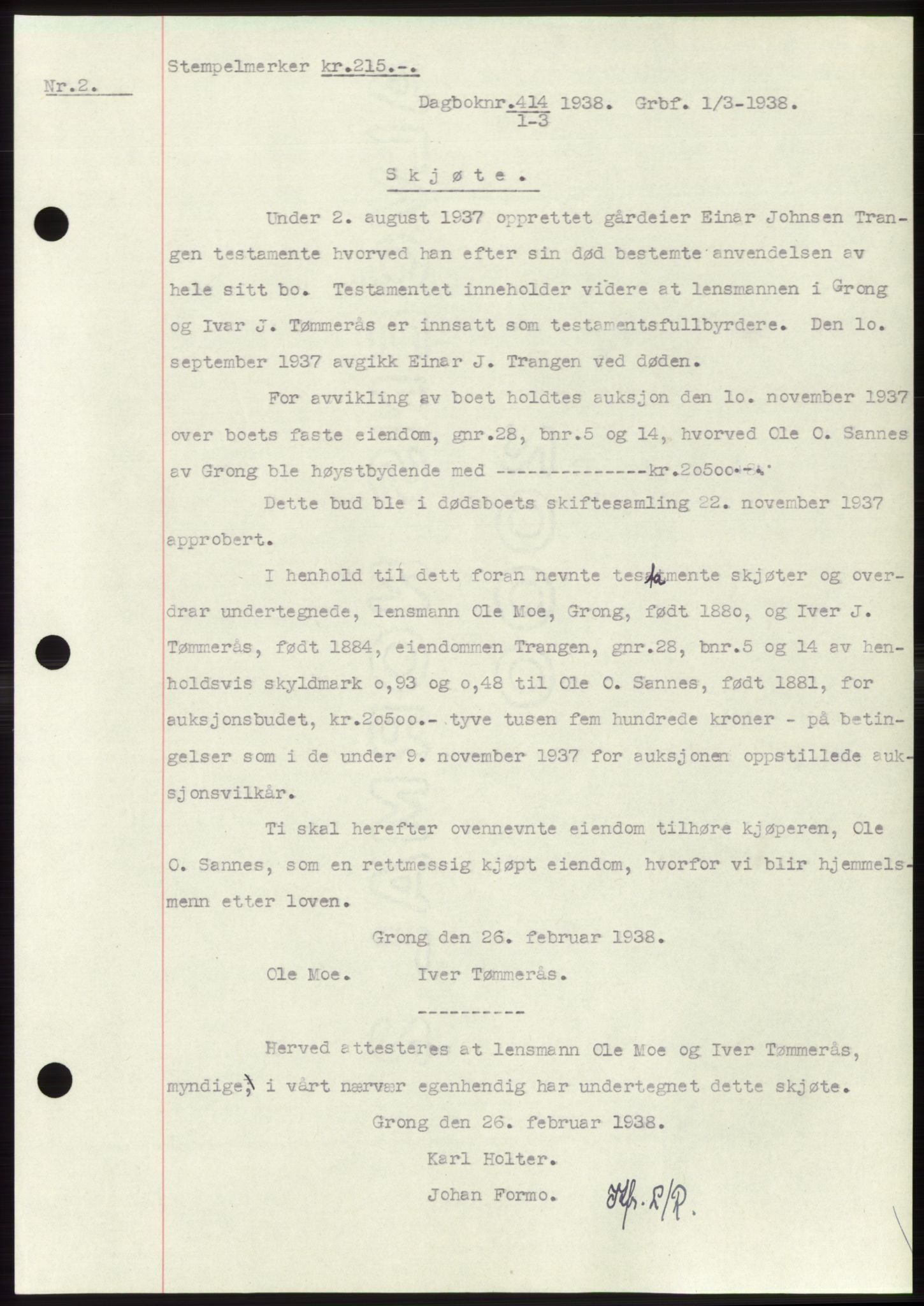 Namdal sorenskriveri, SAT/A-4133/1/2/2C: Pantebok nr. -, 1937-1939, Tingl.dato: 01.03.1938