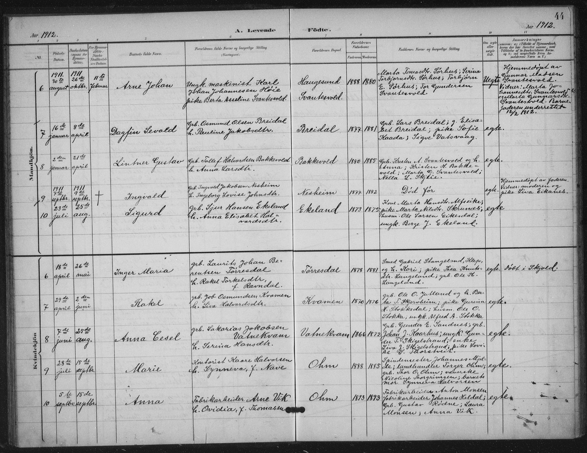 Skjold sokneprestkontor, AV/SAST-A-101847/H/Ha/Haa/L0012: Ministerialbok nr. A 12, 1899-1915, s. 44