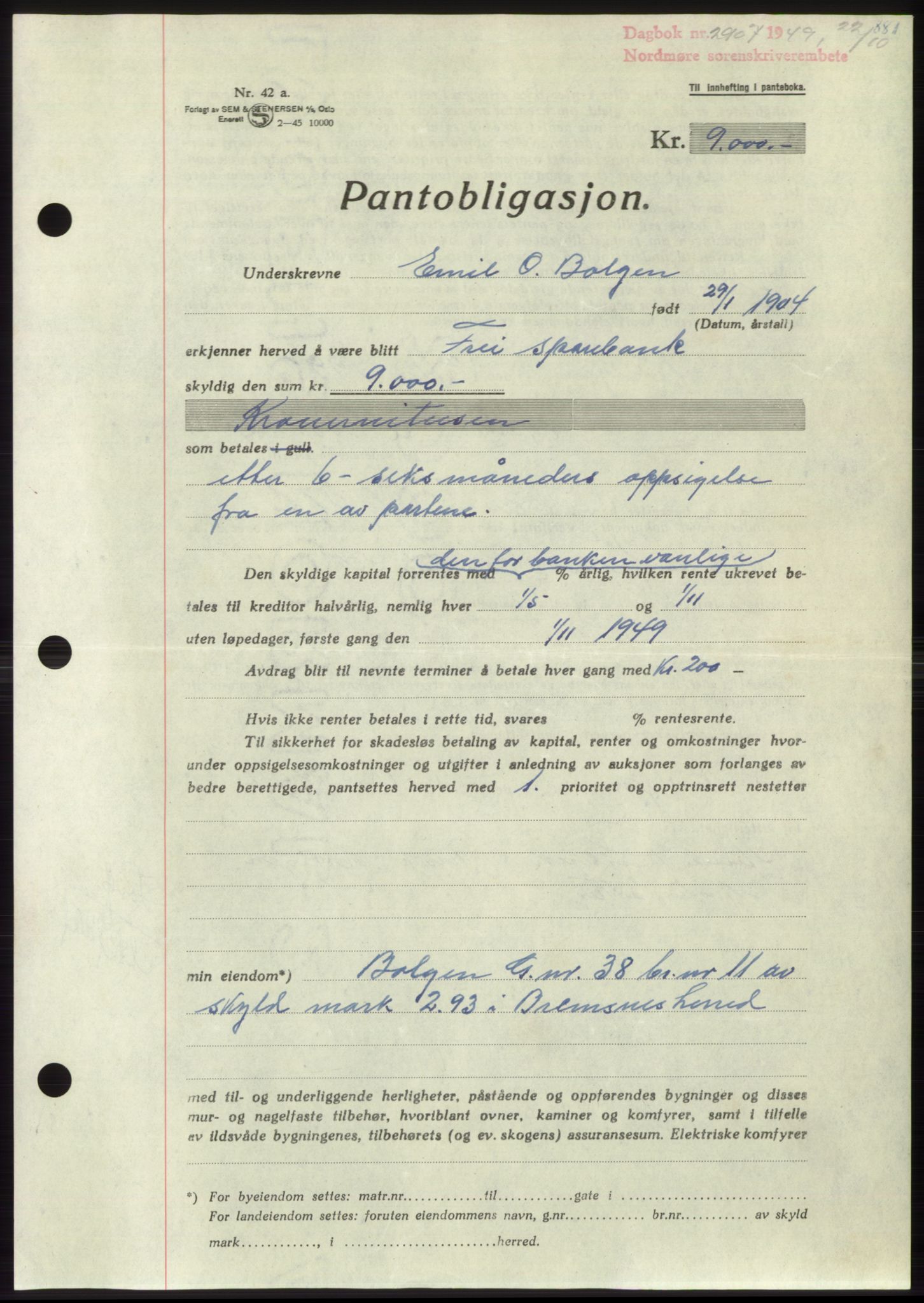 Nordmøre sorenskriveri, SAT/A-4132/1/2/2Ca: Pantebok nr. B102, 1949-1949, Dagboknr: 2907/1949