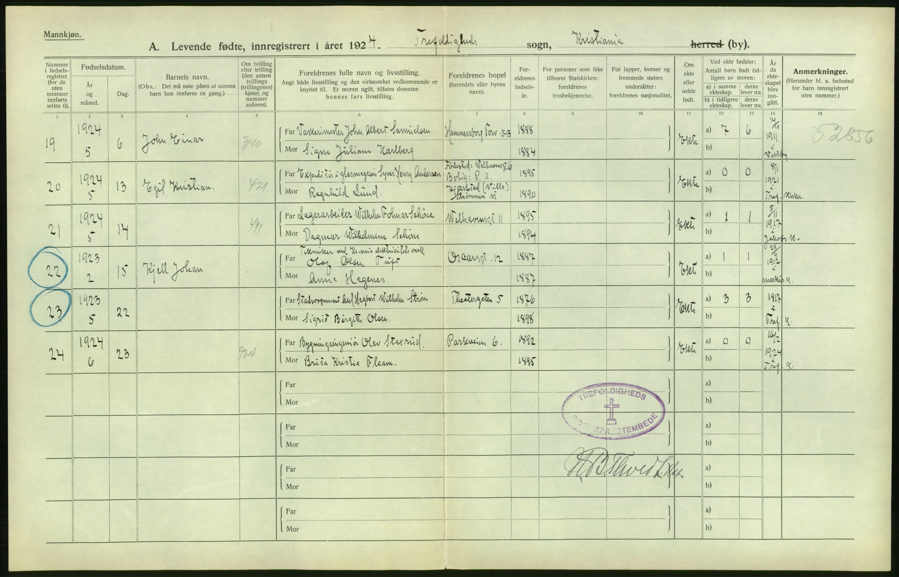 Statistisk sentralbyrå, Sosiodemografiske emner, Befolkning, AV/RA-S-2228/D/Df/Dfc/Dfcd/L0005: Kristiania: Levendefødte menn., 1924, s. 50